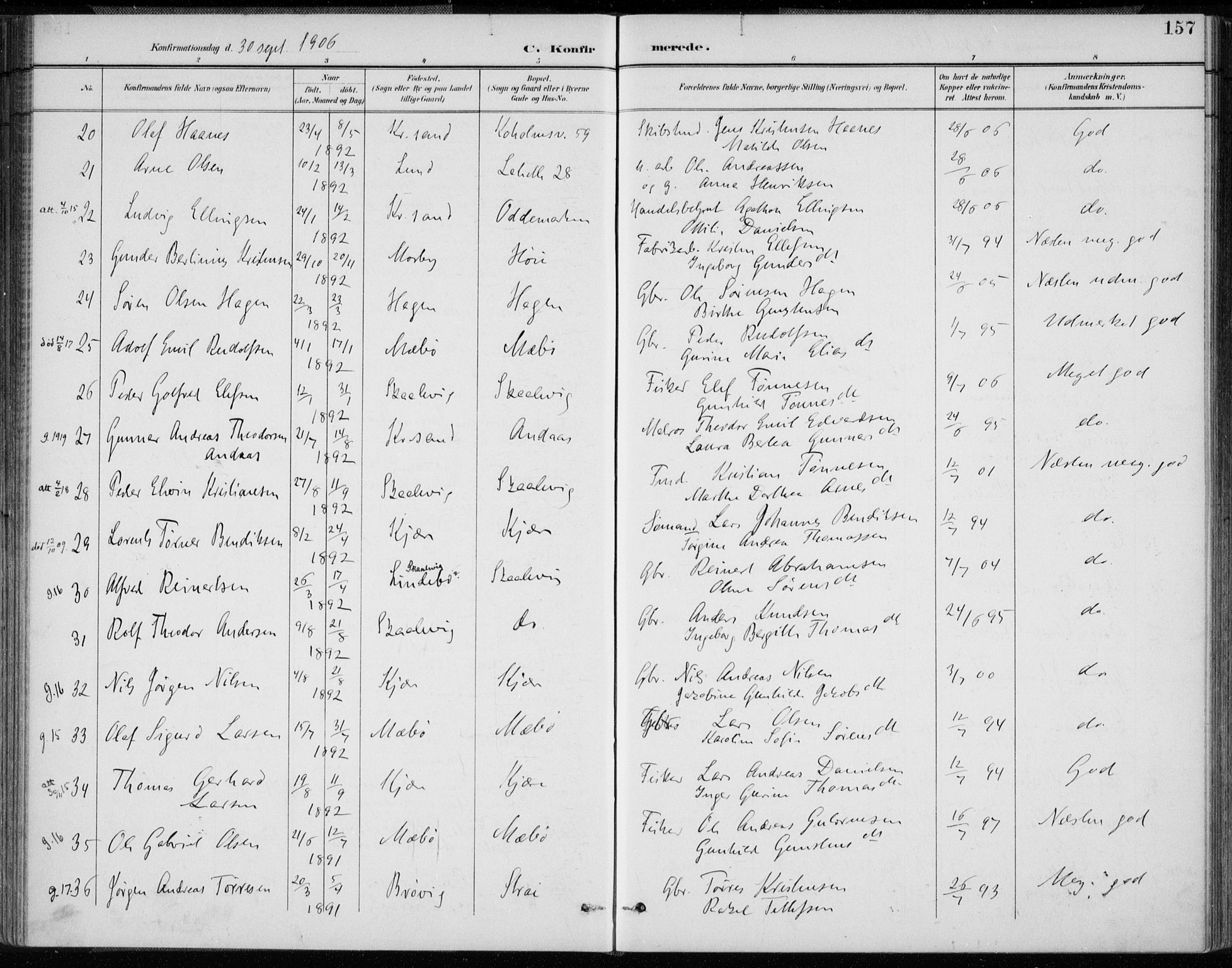 Oddernes sokneprestkontor, AV/SAK-1111-0033/F/Fa/Faa/L0010: Parish register (official) no. A 10, 1897-1911, p. 157