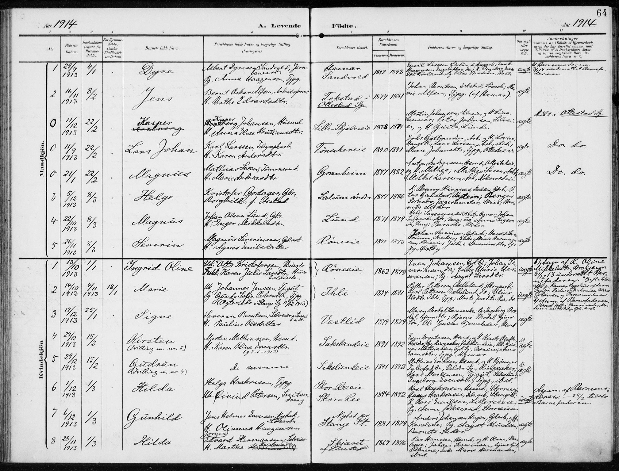 Stange prestekontor, SAH/PREST-002/K/L0024: Parish register (official) no. 24, 1906-1922, p. 64