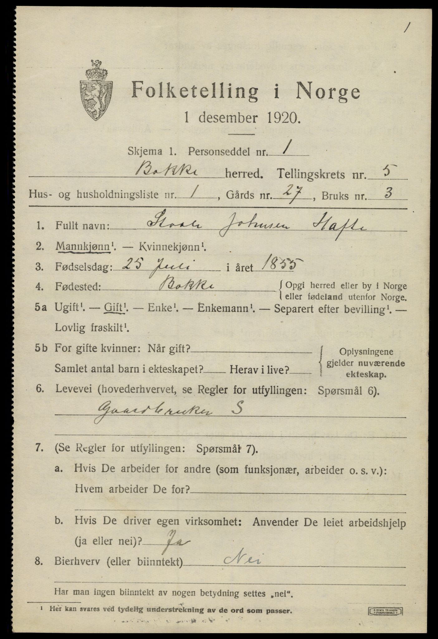 SAK, 1920 census for Bakke, 1920, p. 1428