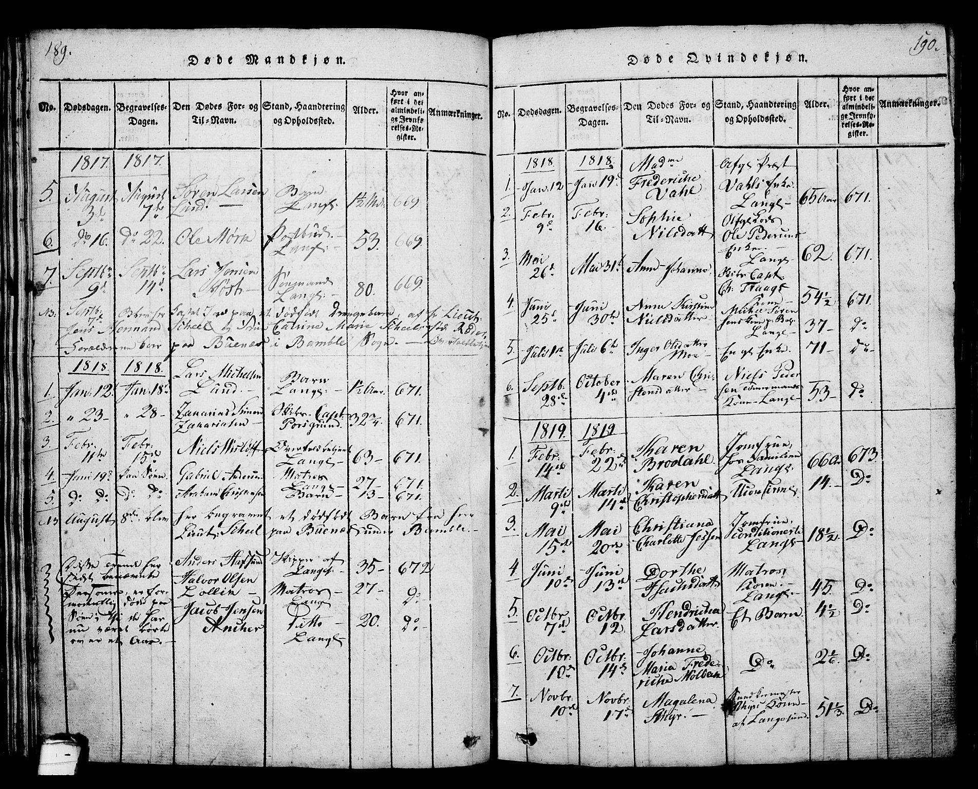 Langesund kirkebøker, SAKO/A-280/G/Ga/L0003: Parish register (copy) no. 3, 1815-1858, p. 189-190