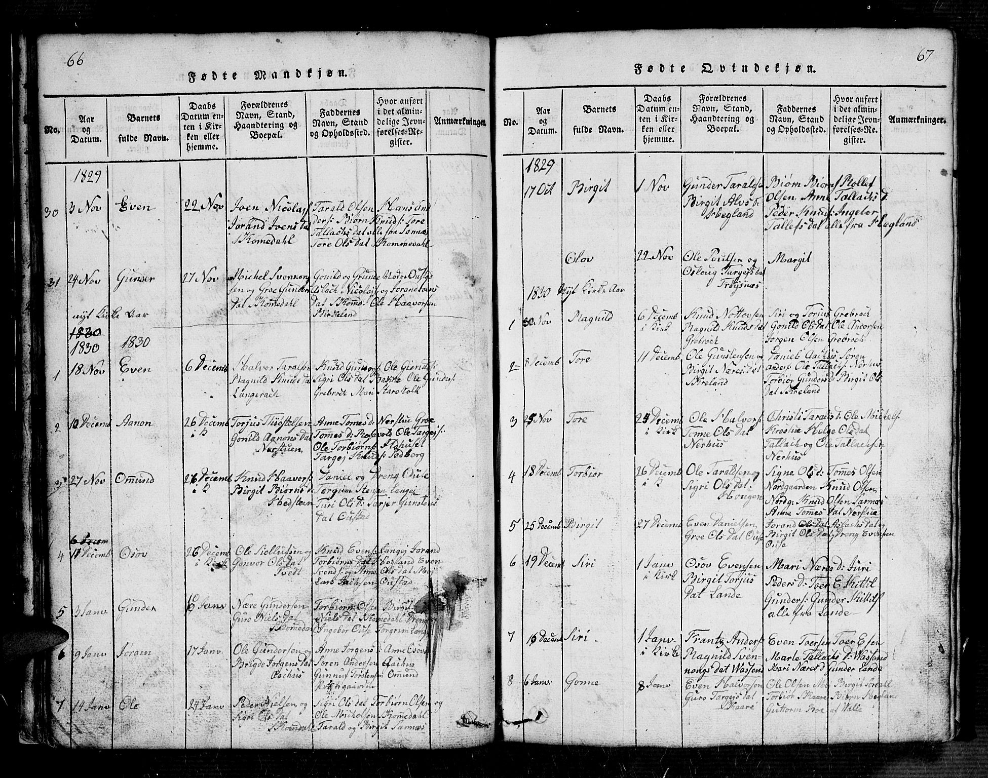 Bygland sokneprestkontor, SAK/1111-0006/F/Fb/Fbb/L0001: Parish register (copy) no. B 1, 1816-1843, p. 66-67