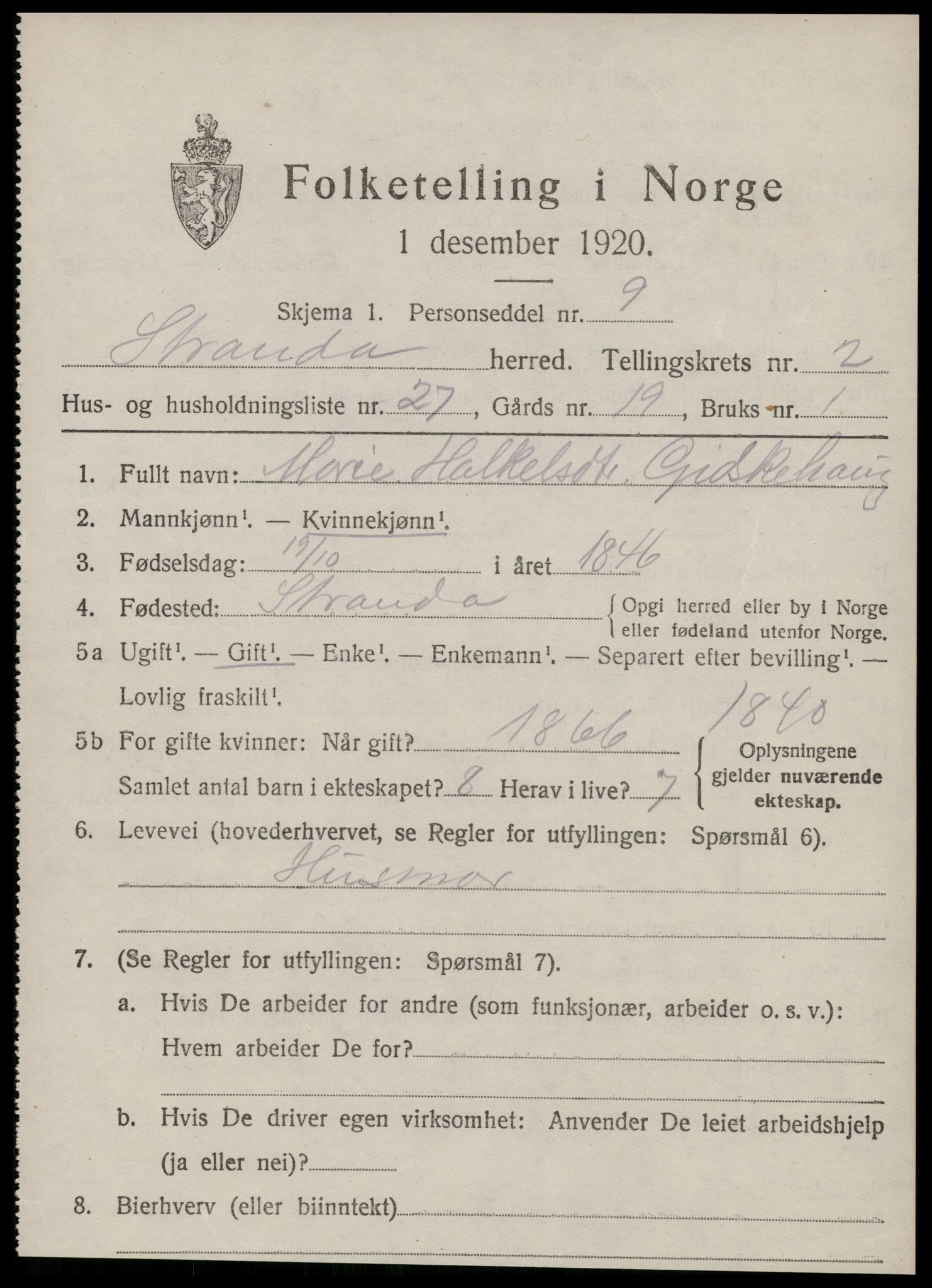 SAT, 1920 census for Stranda, 1920, p. 1245