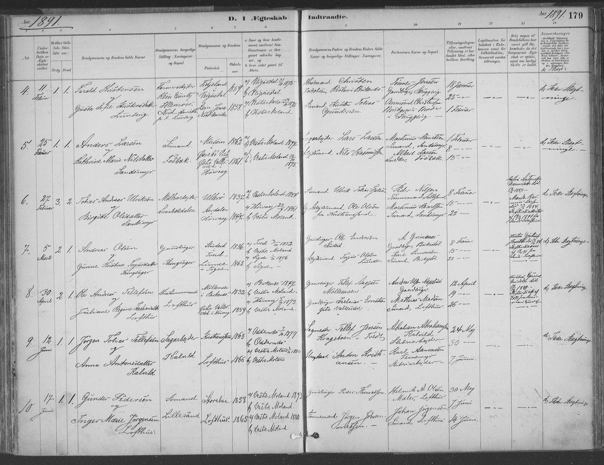 Vestre Moland sokneprestkontor, AV/SAK-1111-0046/F/Fa/Fab/L0009: Parish register (official) no. A 9, 1884-1899, p. 179