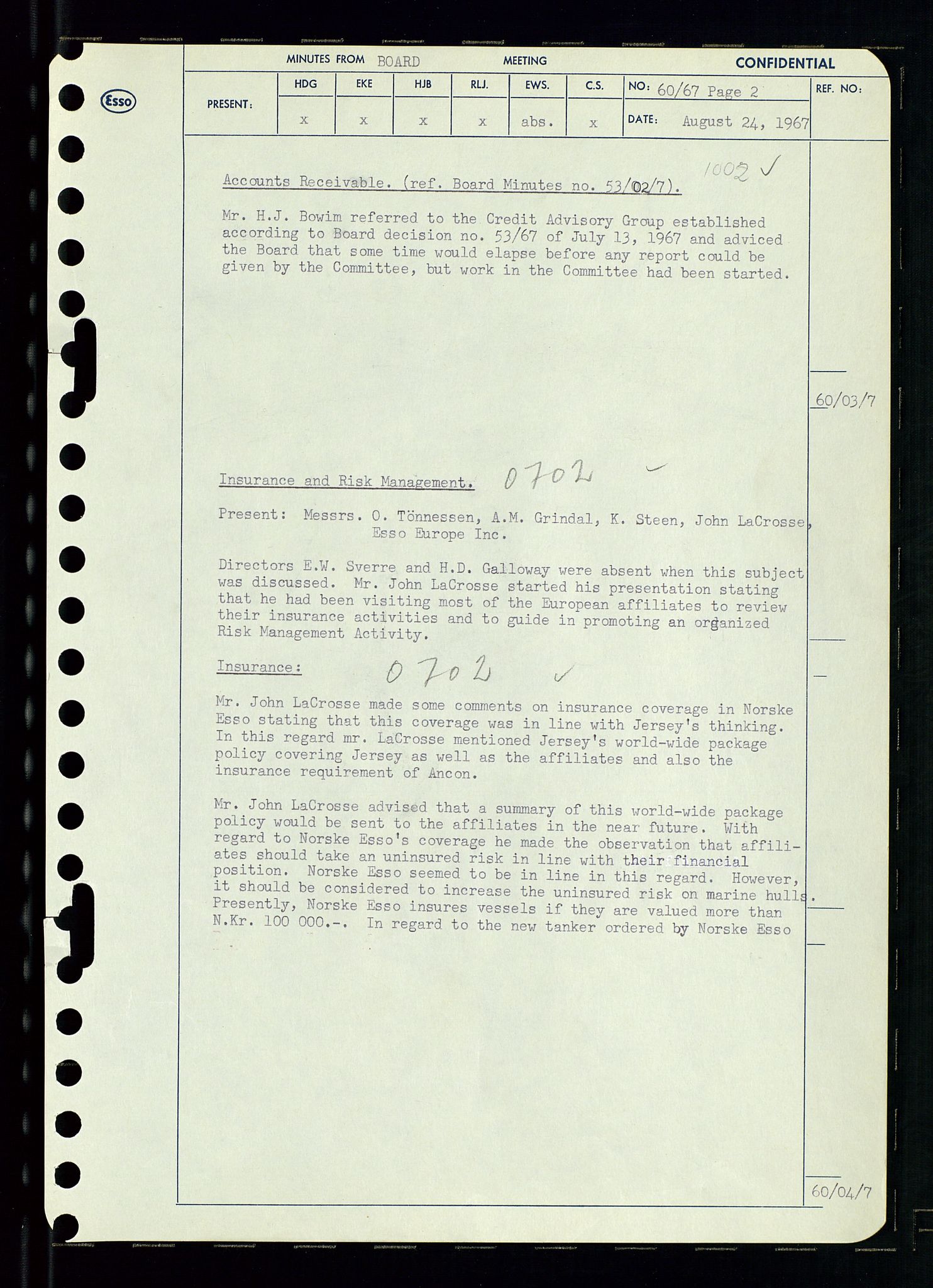 Pa 0982 - Esso Norge A/S, AV/SAST-A-100448/A/Aa/L0002/0003: Den administrerende direksjon Board minutes (styrereferater) / Den administrerende direksjon Board minutes (styrereferater), 1967, p. 126