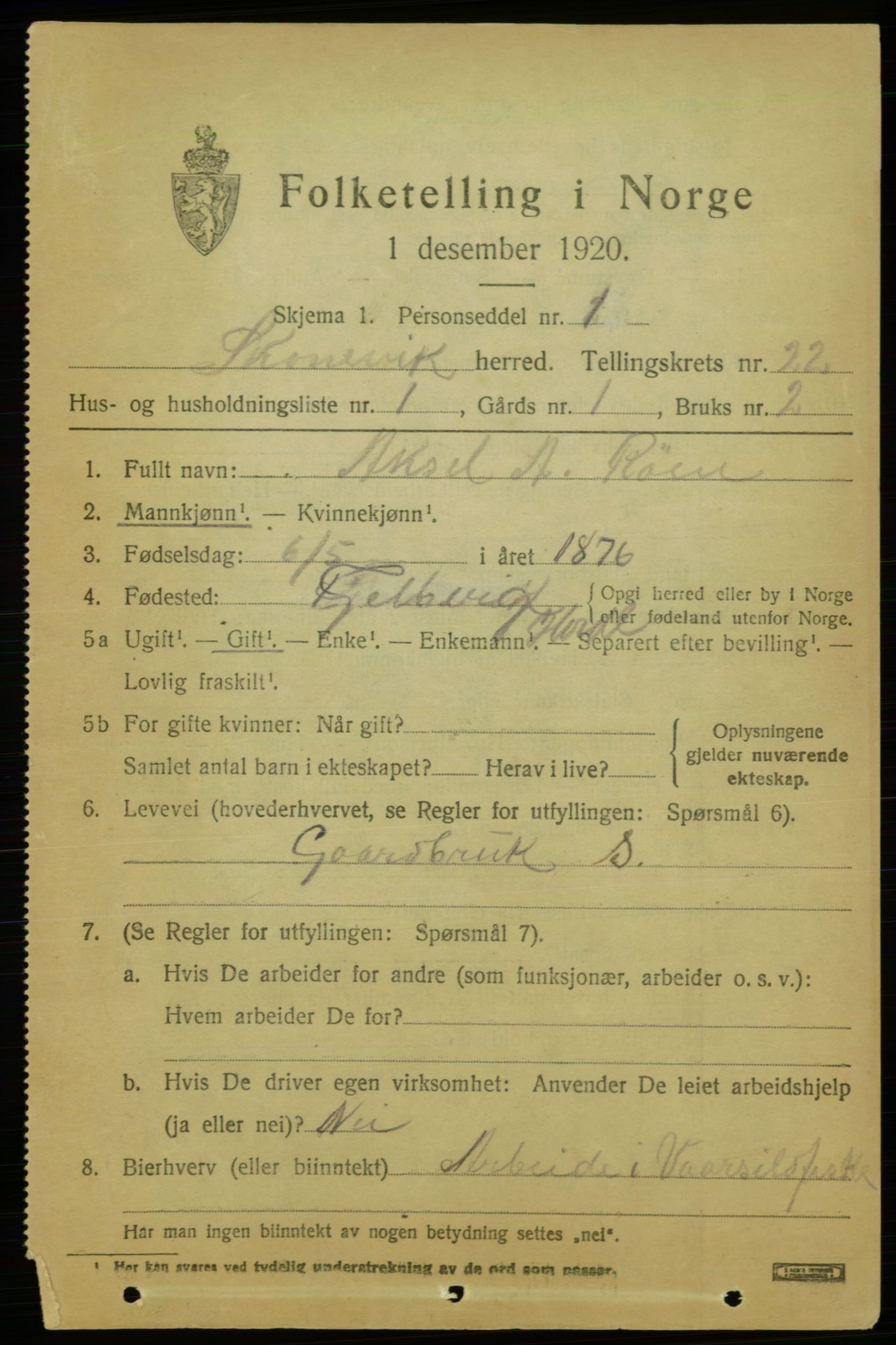 SAB, 1920 census for Skånevik, 1920, p. 8133