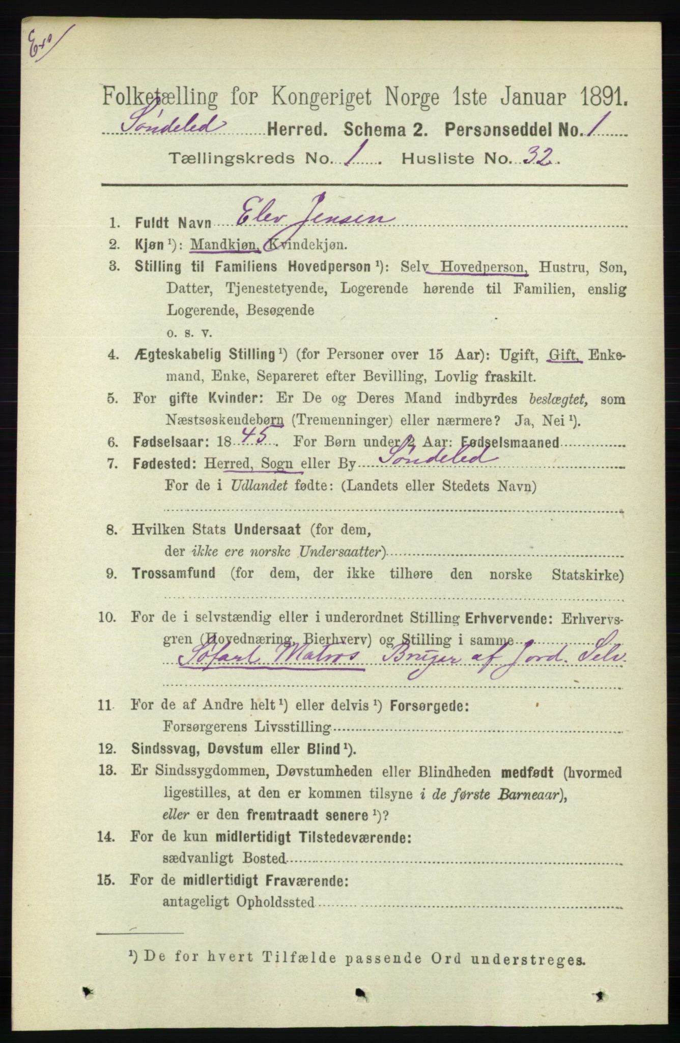 RA, Census 1891 for Nedenes amt: Gjenparter av personsedler for beslektede ektefeller, menn, 1891, p. 111