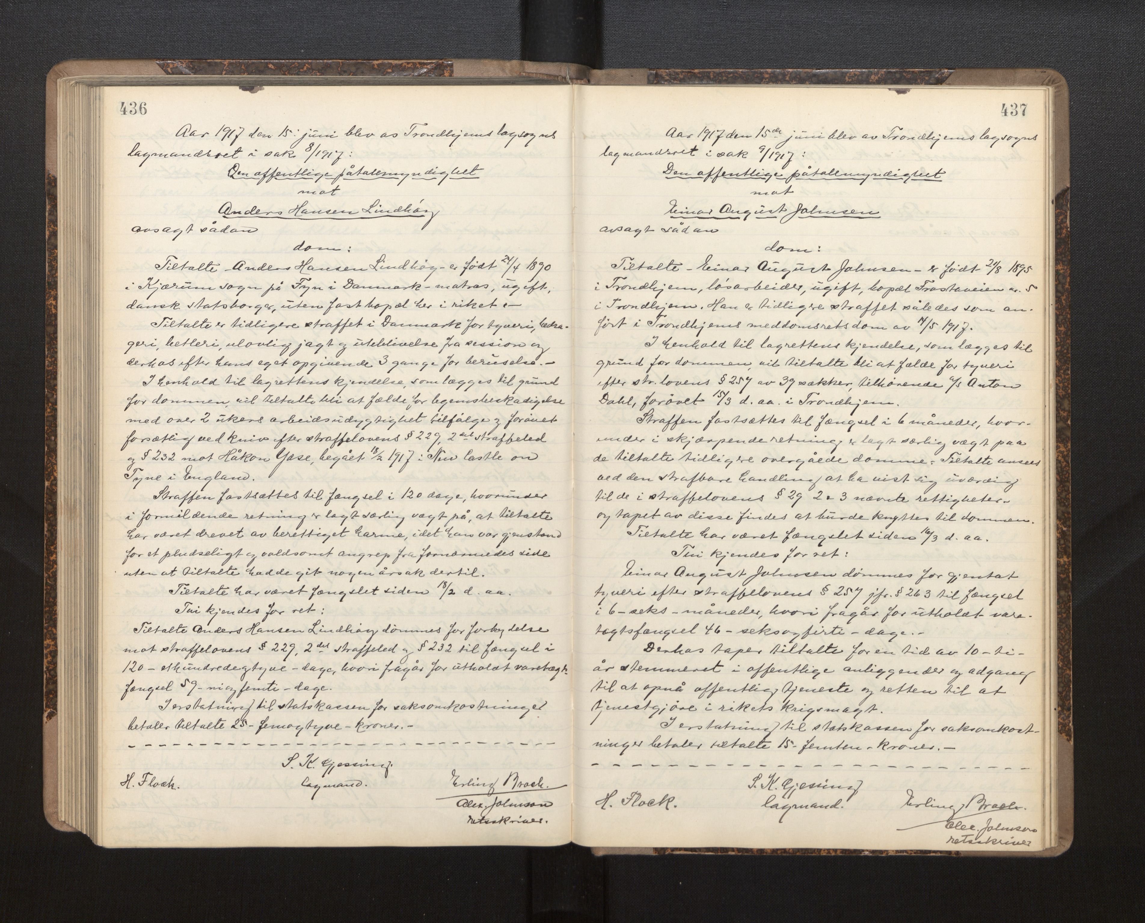Gulating lagmannsrett, AV/SAB-A-60201/D/Da/L0005: Domsprotokoll for straffesaker - Gula- og Frostating lagdømme, 1912-1918, p. 436-437