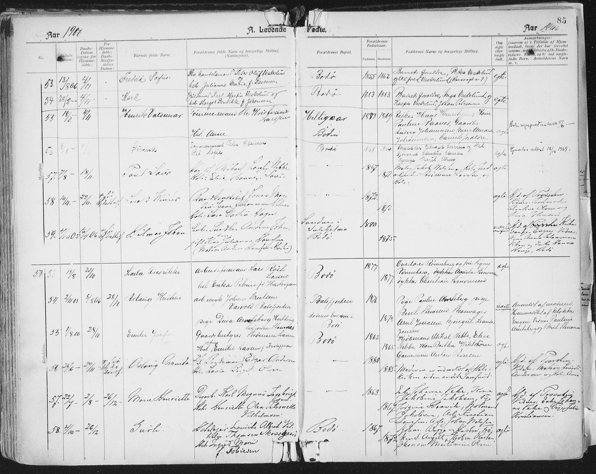 Ministerialprotokoller, klokkerbøker og fødselsregistre - Nordland, AV/SAT-A-1459/801/L0011: Parish register (official) no. 801A11, 1900-1916, p. 85