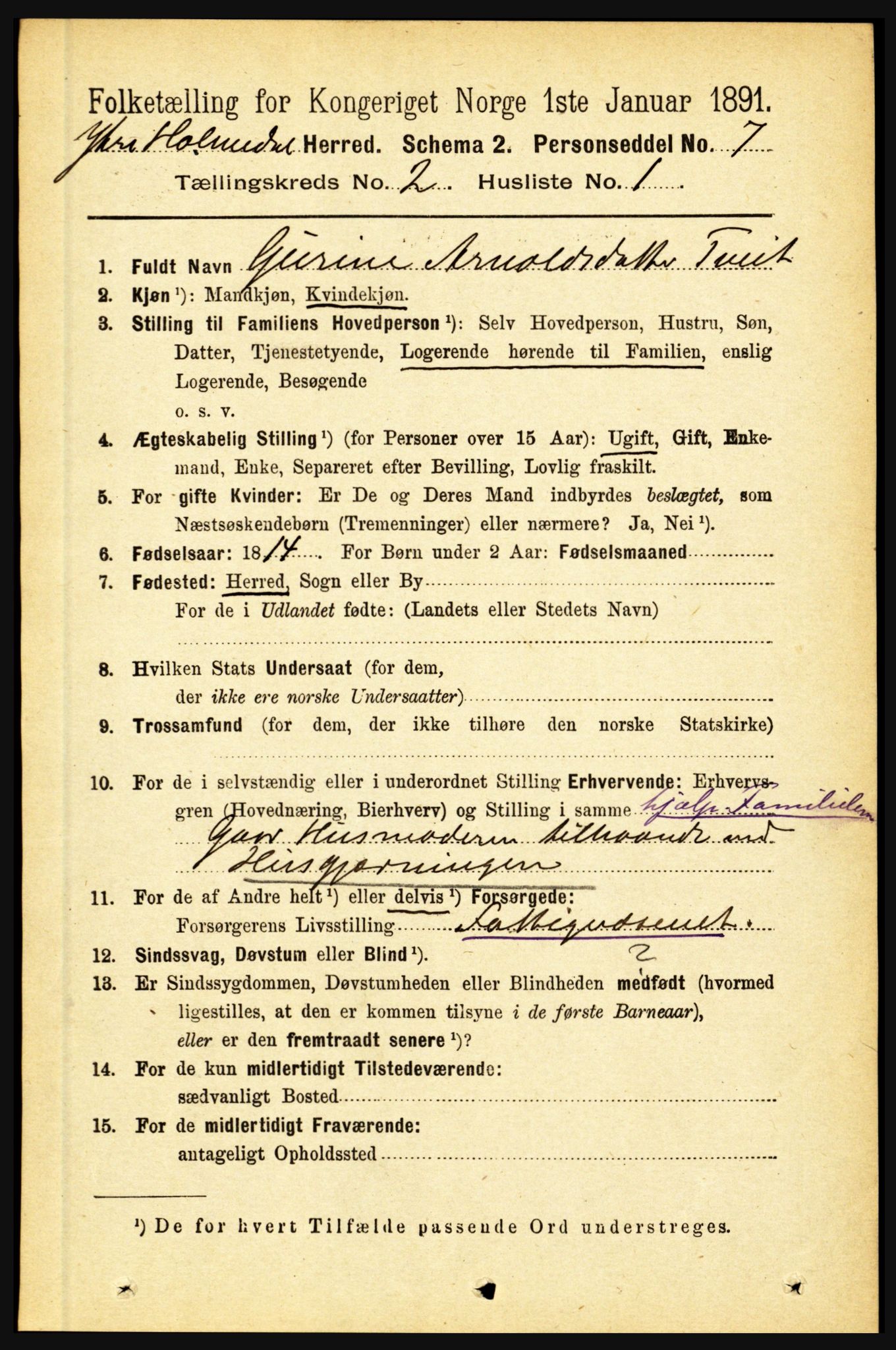 RA, 1891 census for 1429 Ytre Holmedal, 1891, p. 307