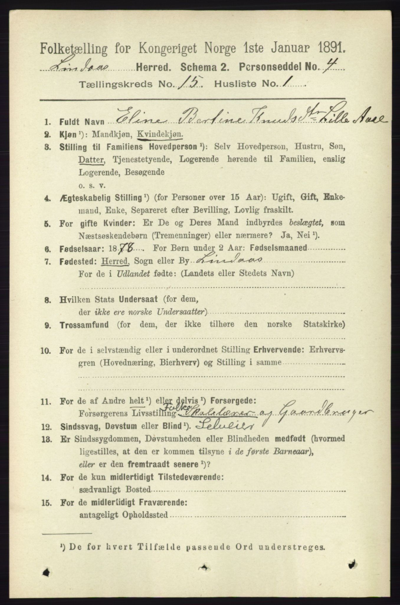 RA, 1891 census for 1263 Lindås, 1891, p. 5278