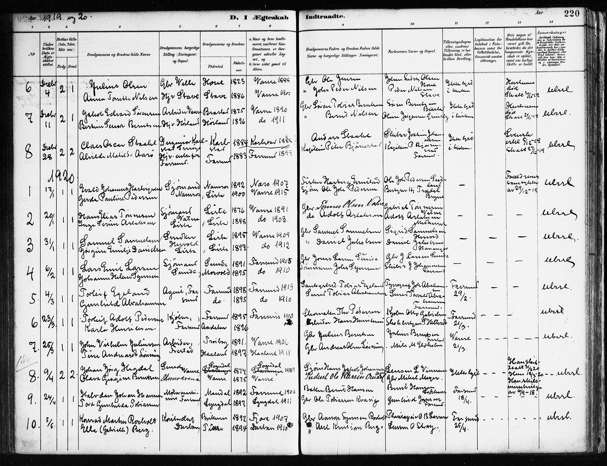 Farsund sokneprestkontor, SAK/1111-0009/F/Fa/L0006: Parish register (official) no. A 6, 1887-1920, p. 220