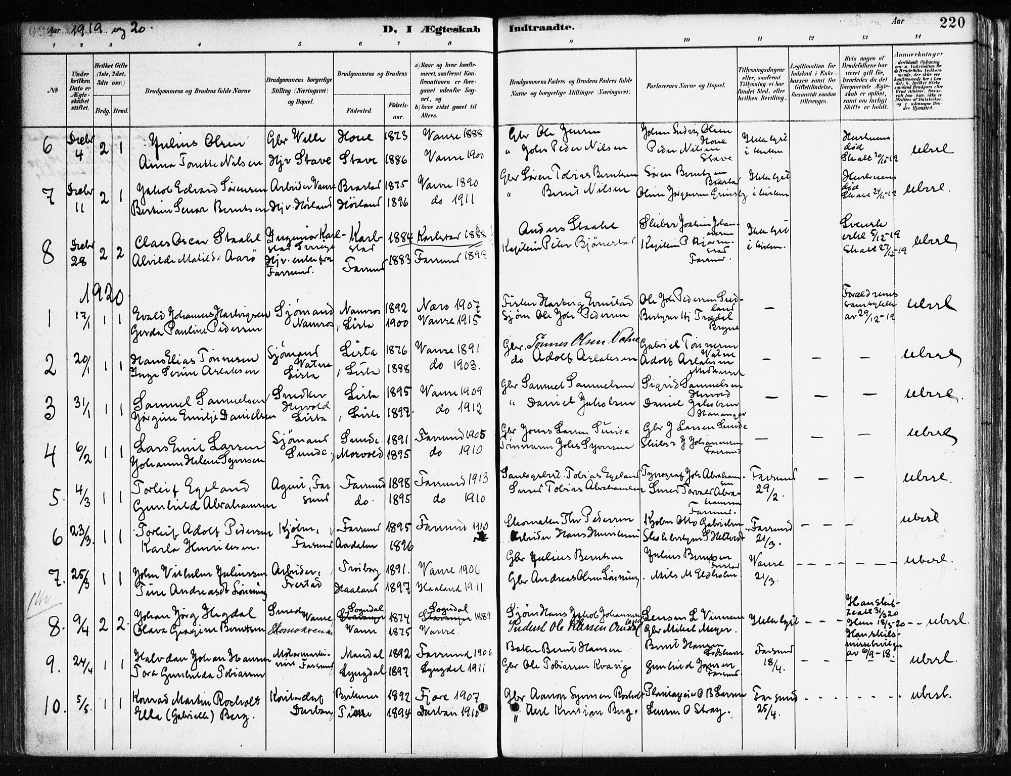 Farsund sokneprestkontor, AV/SAK-1111-0009/F/Fa/L0006: Parish register (official) no. A 6, 1887-1920, p. 220