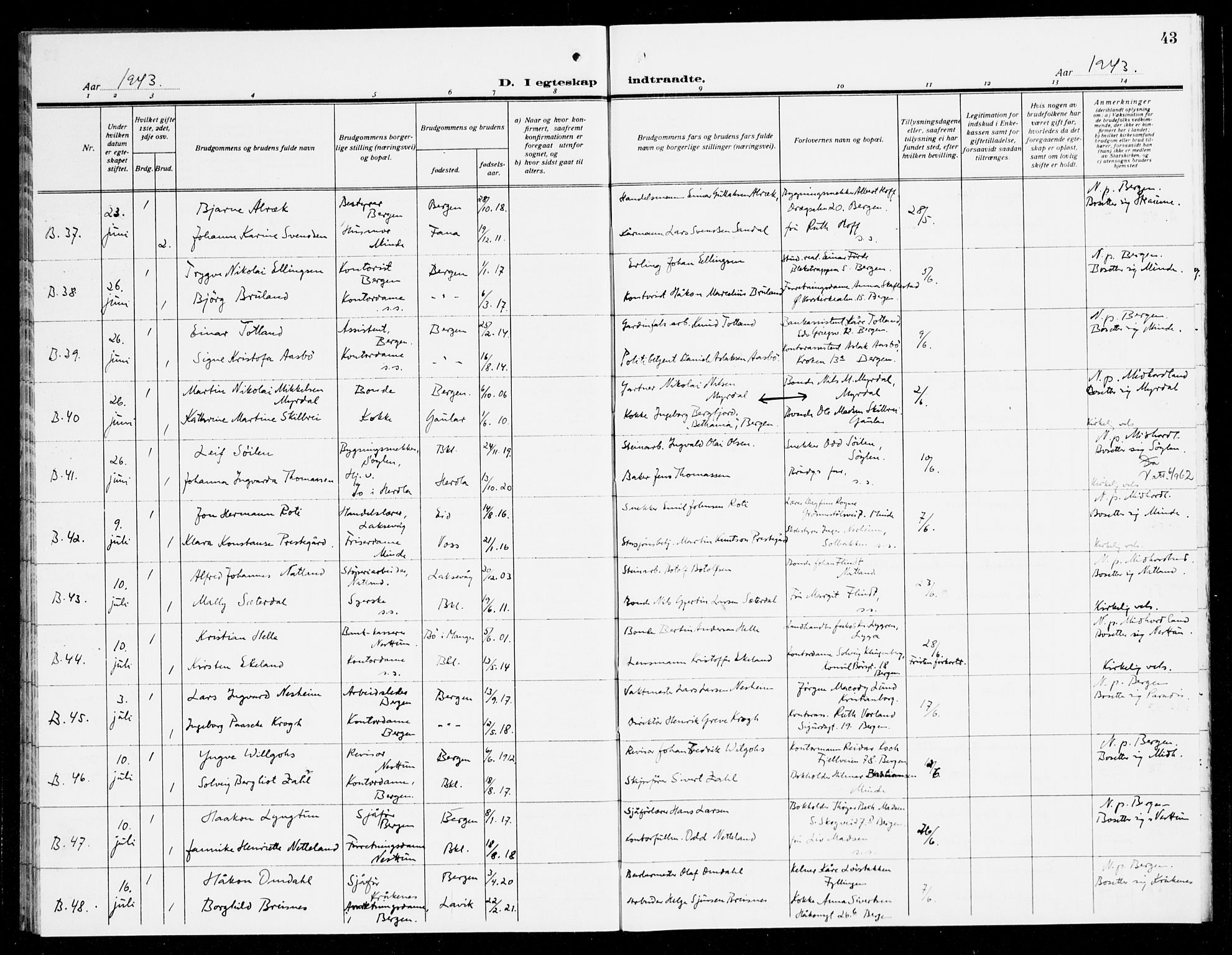 Fana Sokneprestembete, AV/SAB-A-75101/H/Haa/Haak/L0003: Parish register (official) no. K 3, 1938-1944, p. 43