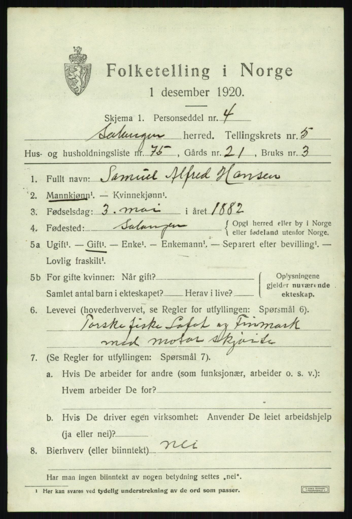 SATØ, 1920 census for Salangen, 1920, p. 4262