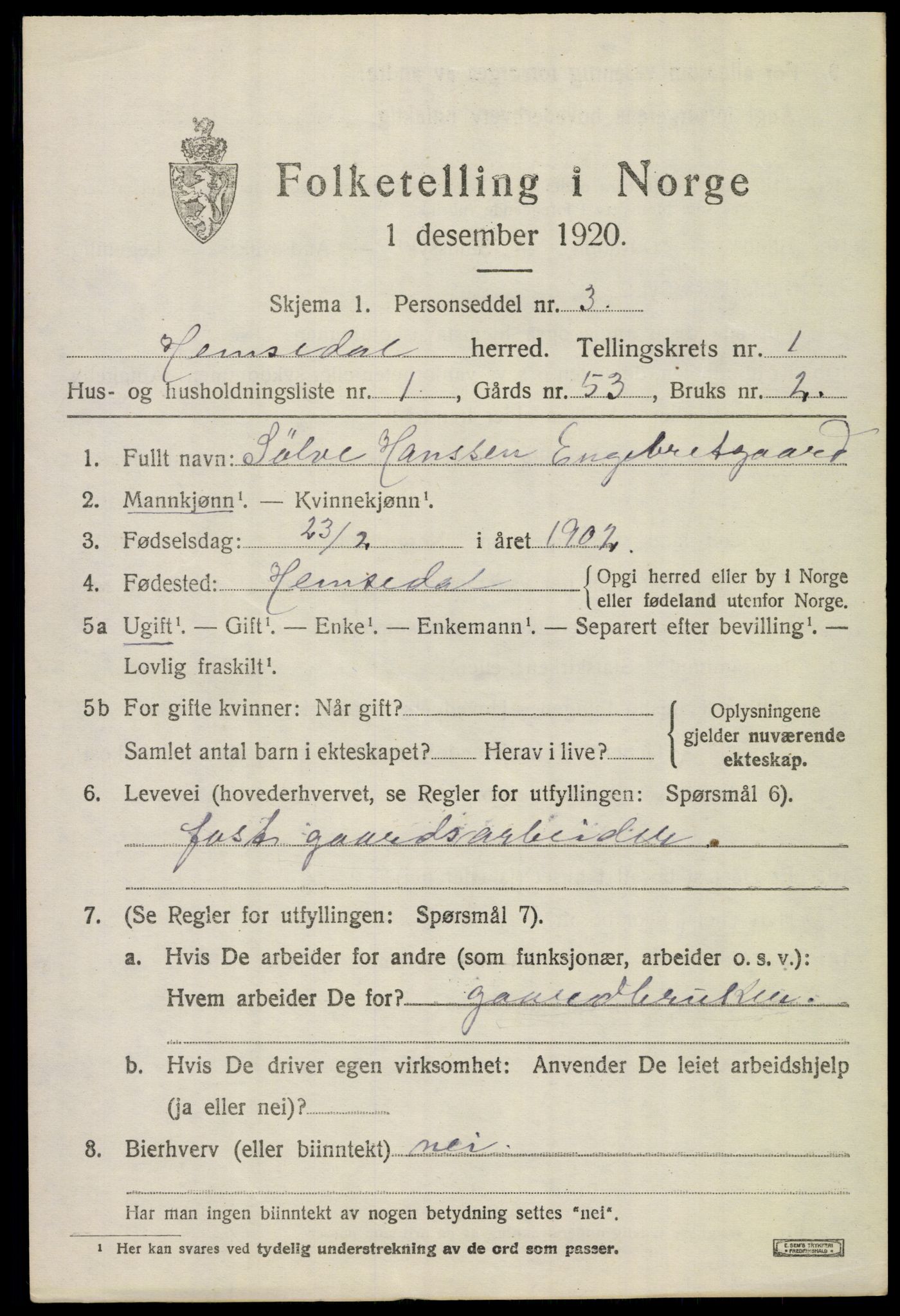 SAKO, 1920 census for Hemsedal, 1920, p. 548