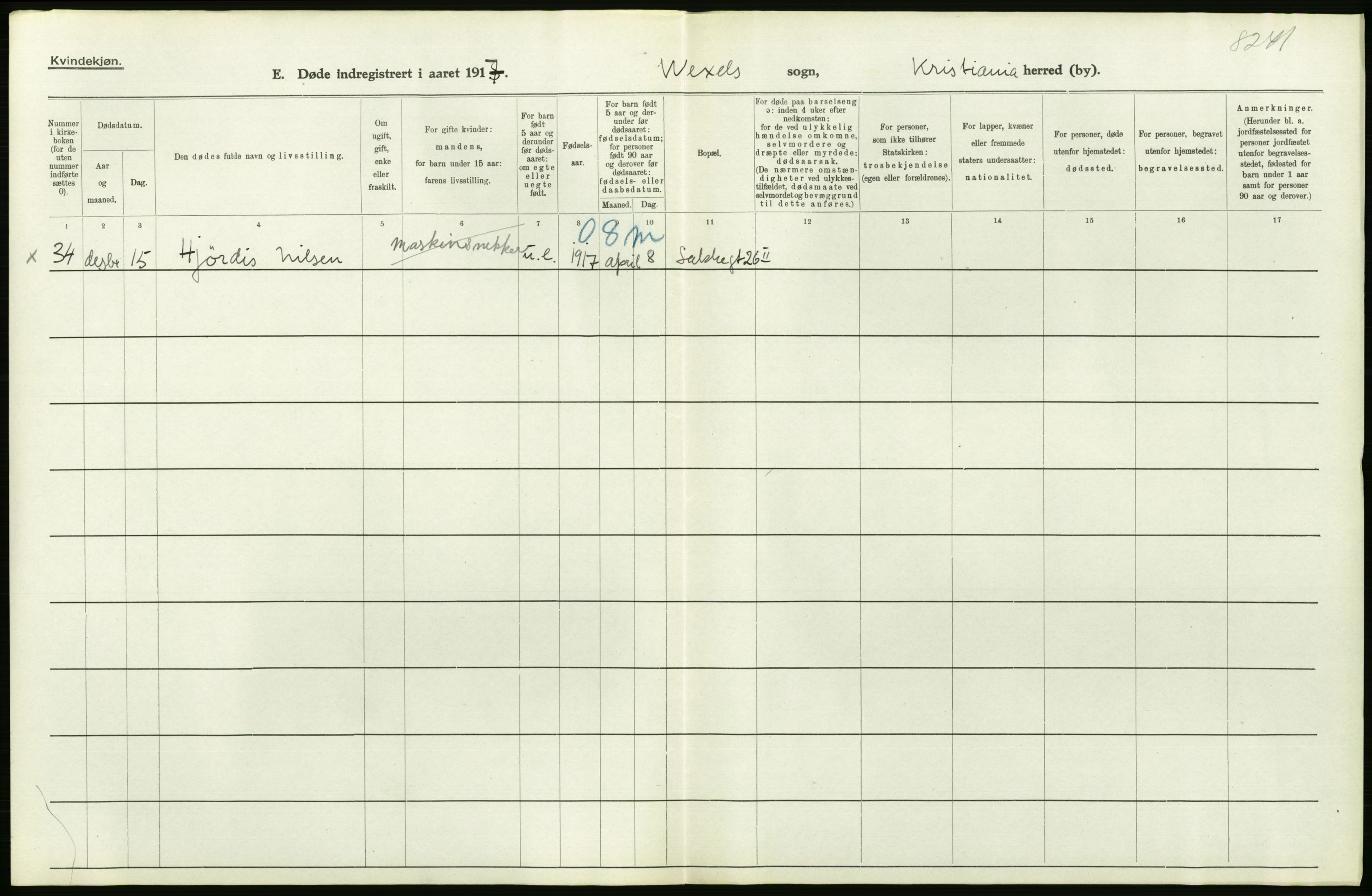 Statistisk sentralbyrå, Sosiodemografiske emner, Befolkning, RA/S-2228/D/Df/Dfb/Dfbg/L0011: Kristiania: Døde, dødfødte., 1917, p. 380