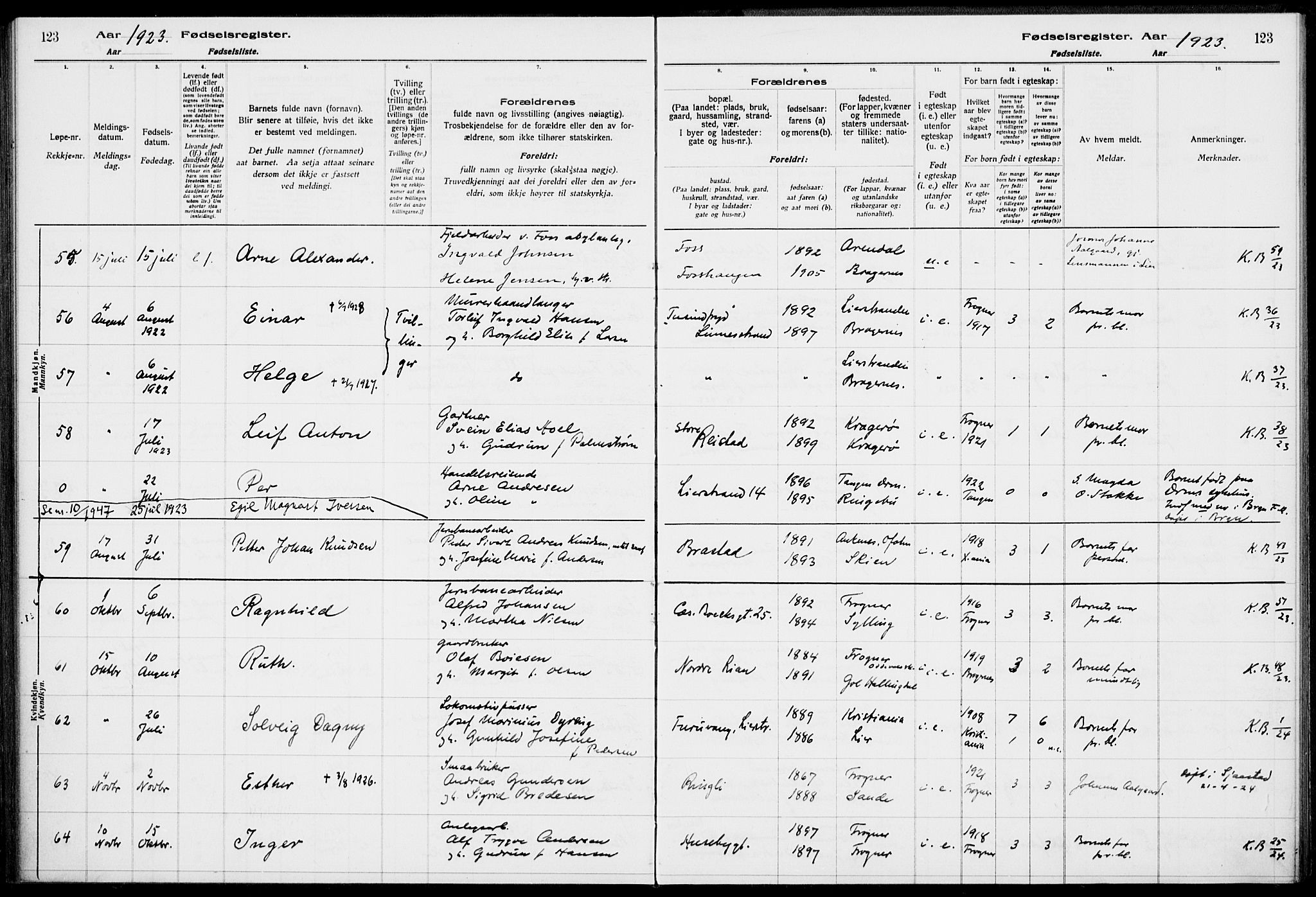 Lier kirkebøker, AV/SAKO-A-230/J/Ja/L0001: Birth register no. 1, 1916-1928, p. 123