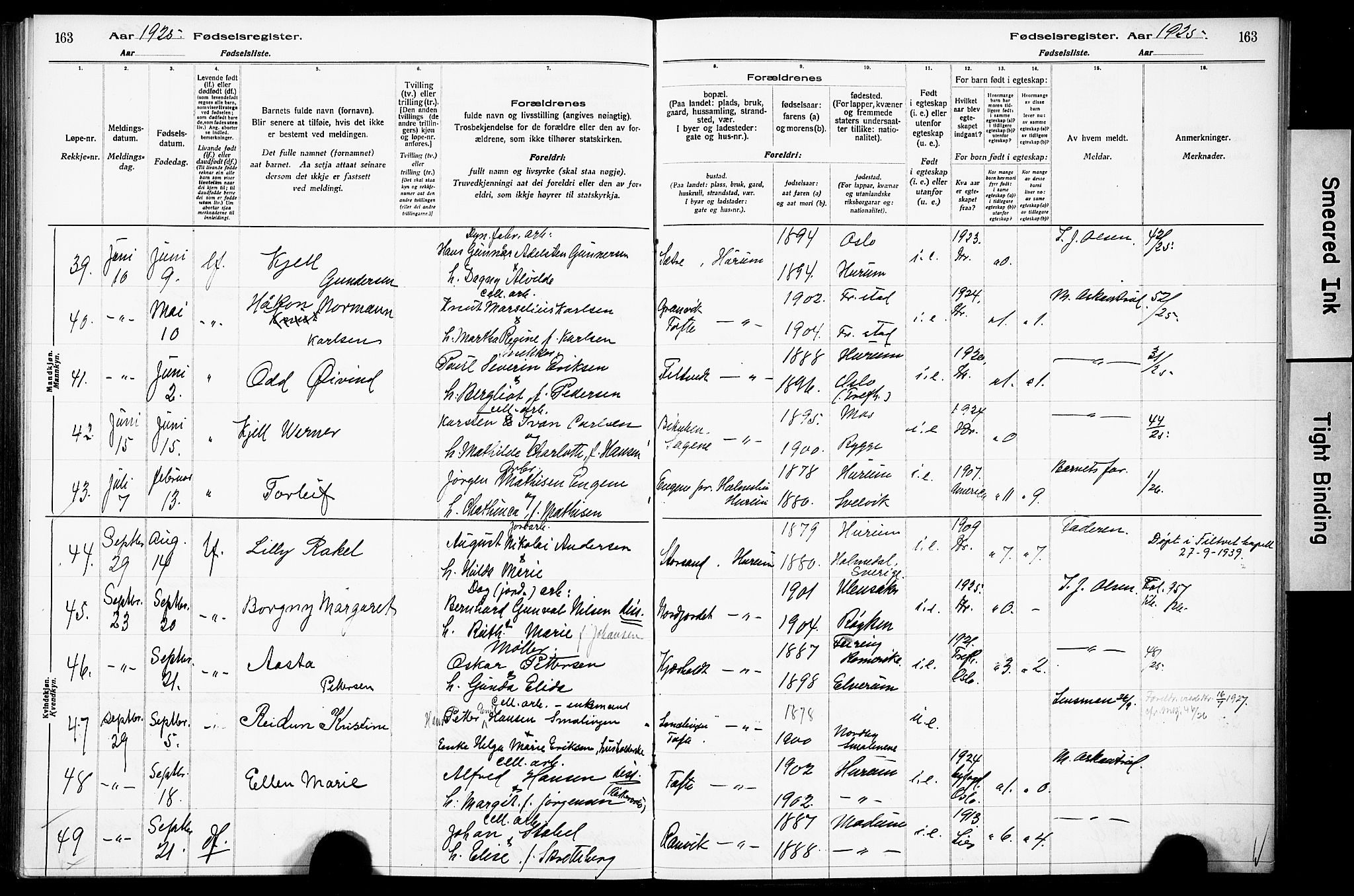 Hurum kirkebøker, AV/SAKO-A-229/J/Ja/L0001: Birth register no. 1, 1916-1928, p. 163