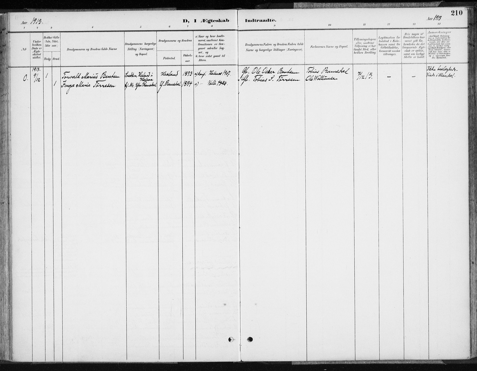 Sør-Audnedal sokneprestkontor, AV/SAK-1111-0039/F/Fa/Fab/L0010: Parish register (official) no. A 10, 1892-1913, p. 210