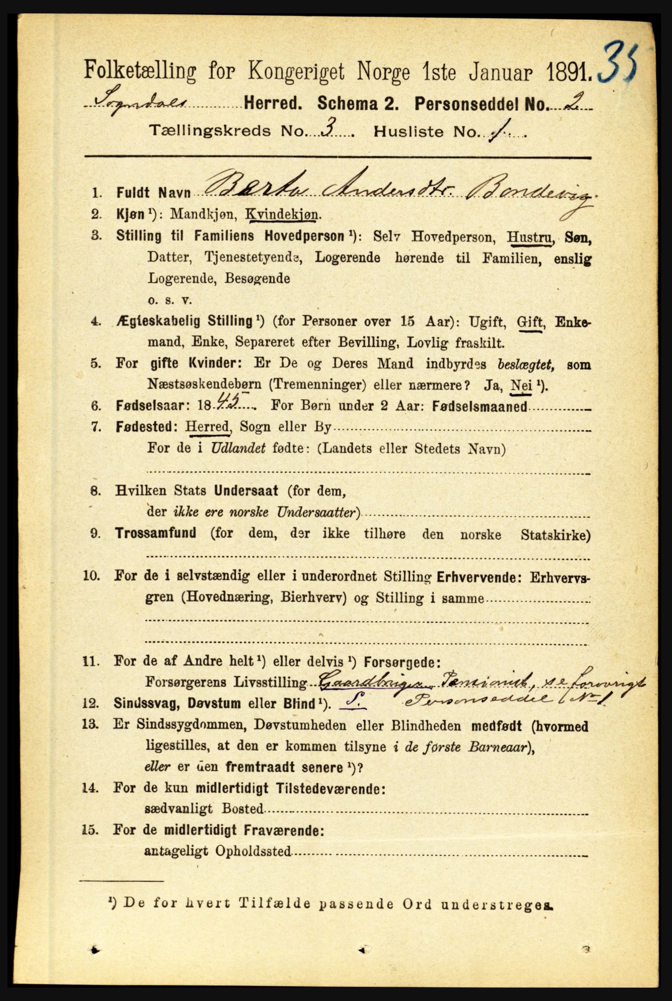 RA, 1891 census for 1420 Sogndal, 1891, p. 1484