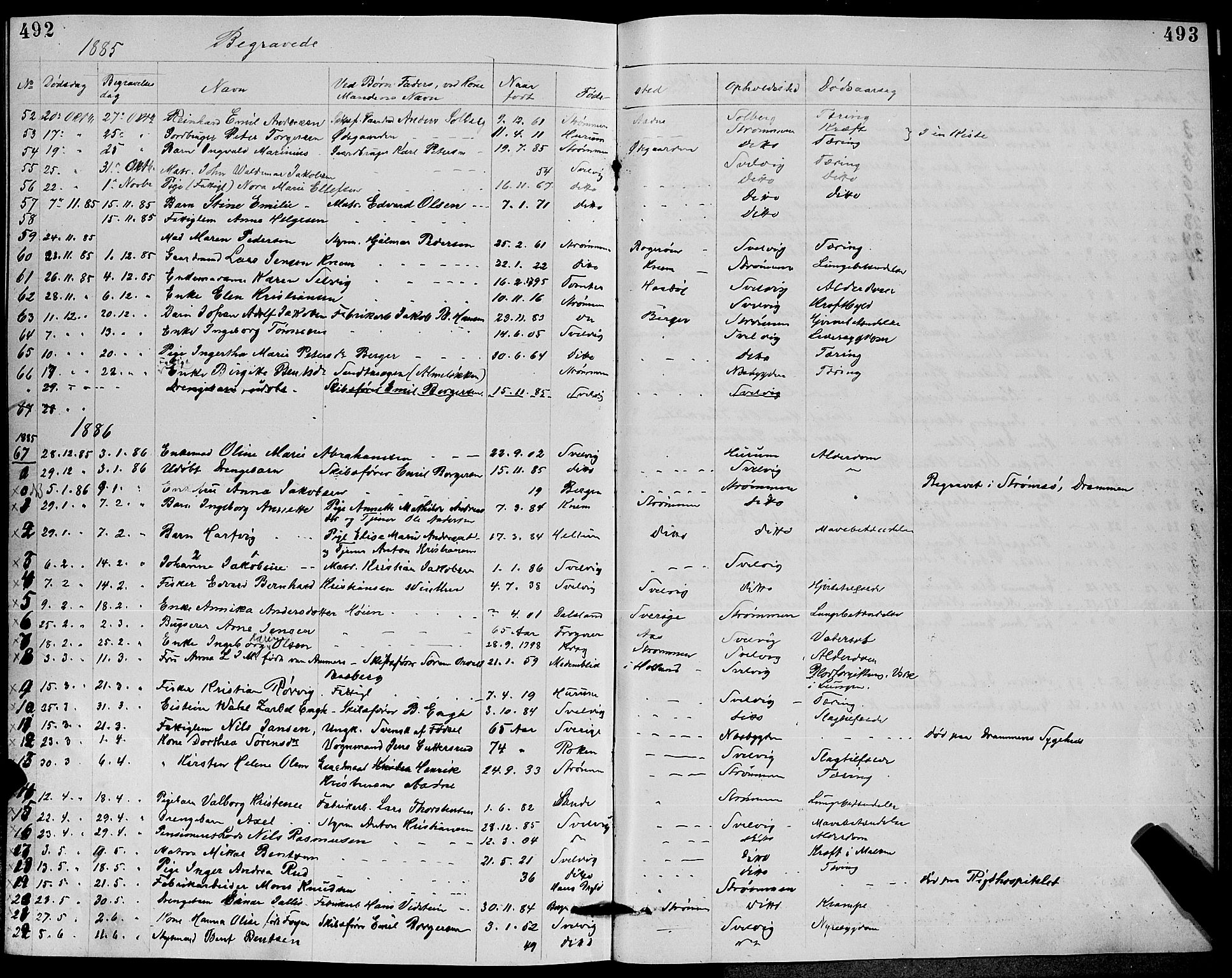 Strømm kirkebøker, SAKO/A-322/G/Ga/L0002: Parish register (copy) no. I 2, 1885-1888, p. 492-493