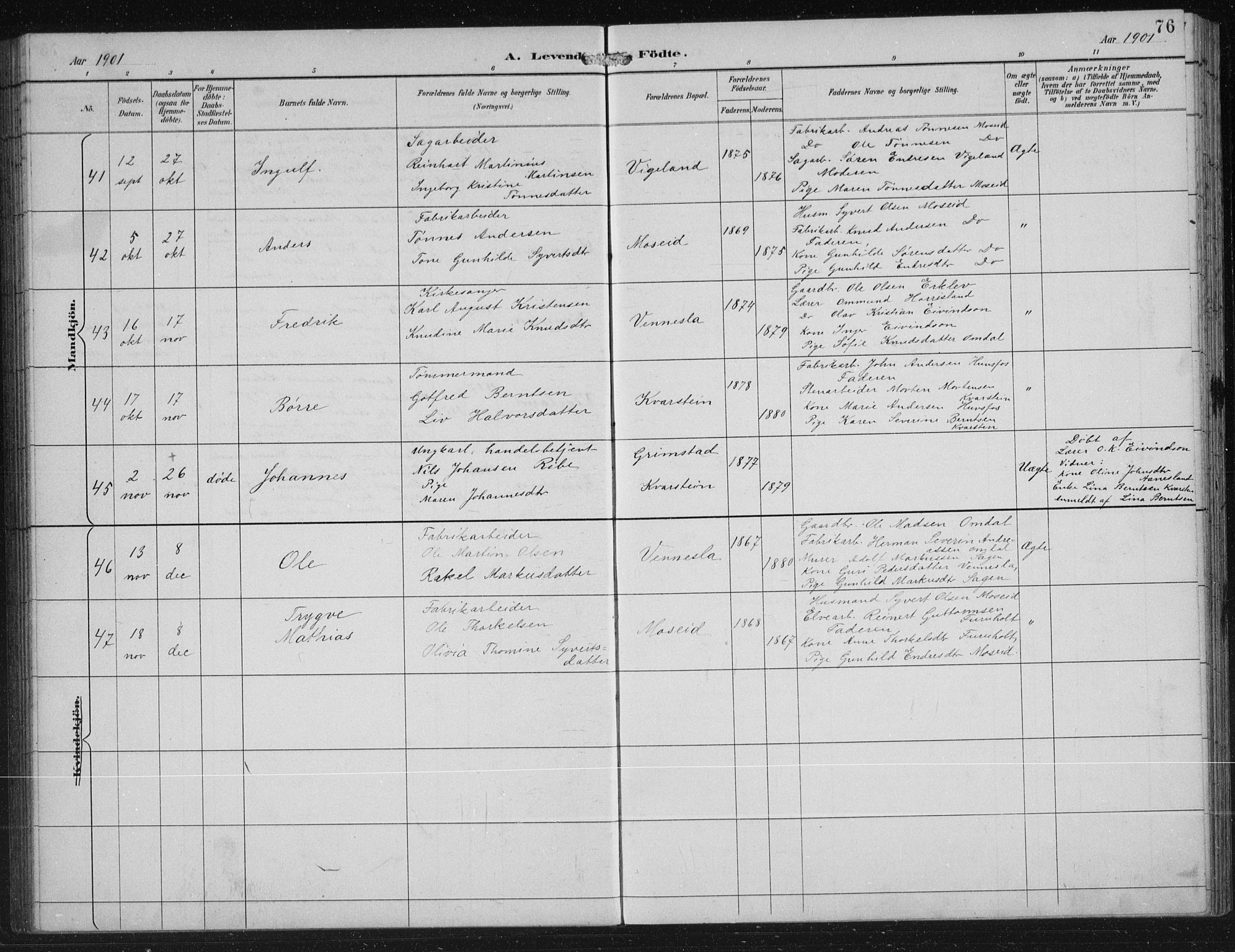 Vennesla sokneprestkontor, AV/SAK-1111-0045/Fb/Fbb/L0004: Parish register (copy) no. B 4, 1893-1902, p. 76