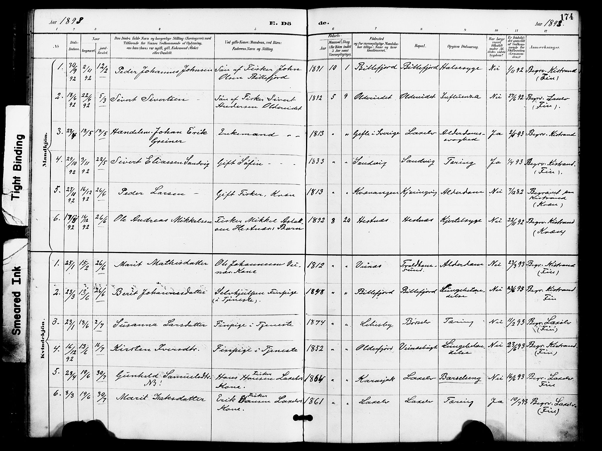 Kistrand/Porsanger sokneprestembete, SATØ/S-1351/H/Ha/L0008.kirke: Parish register (official) no. 8, 1890-1898, p. 174