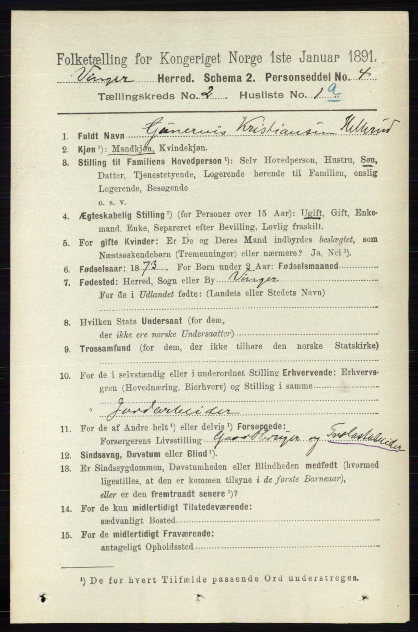 RA, 1891 census for 0421 Vinger, 1891, p. 461