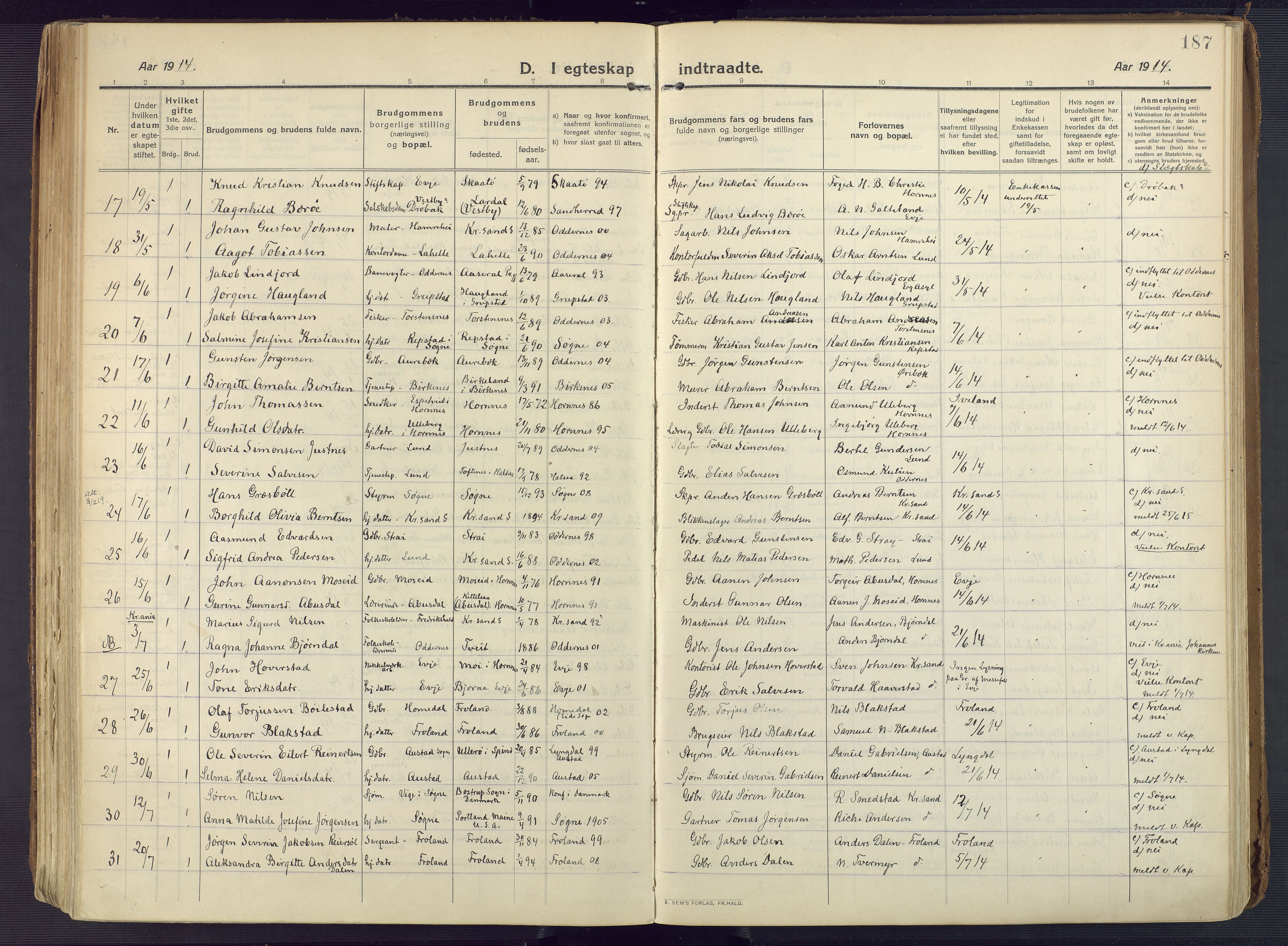 Oddernes sokneprestkontor, AV/SAK-1111-0033/F/Fa/Faa/L0012: Parish register (official) no. A 12, 1912-1925, p. 187