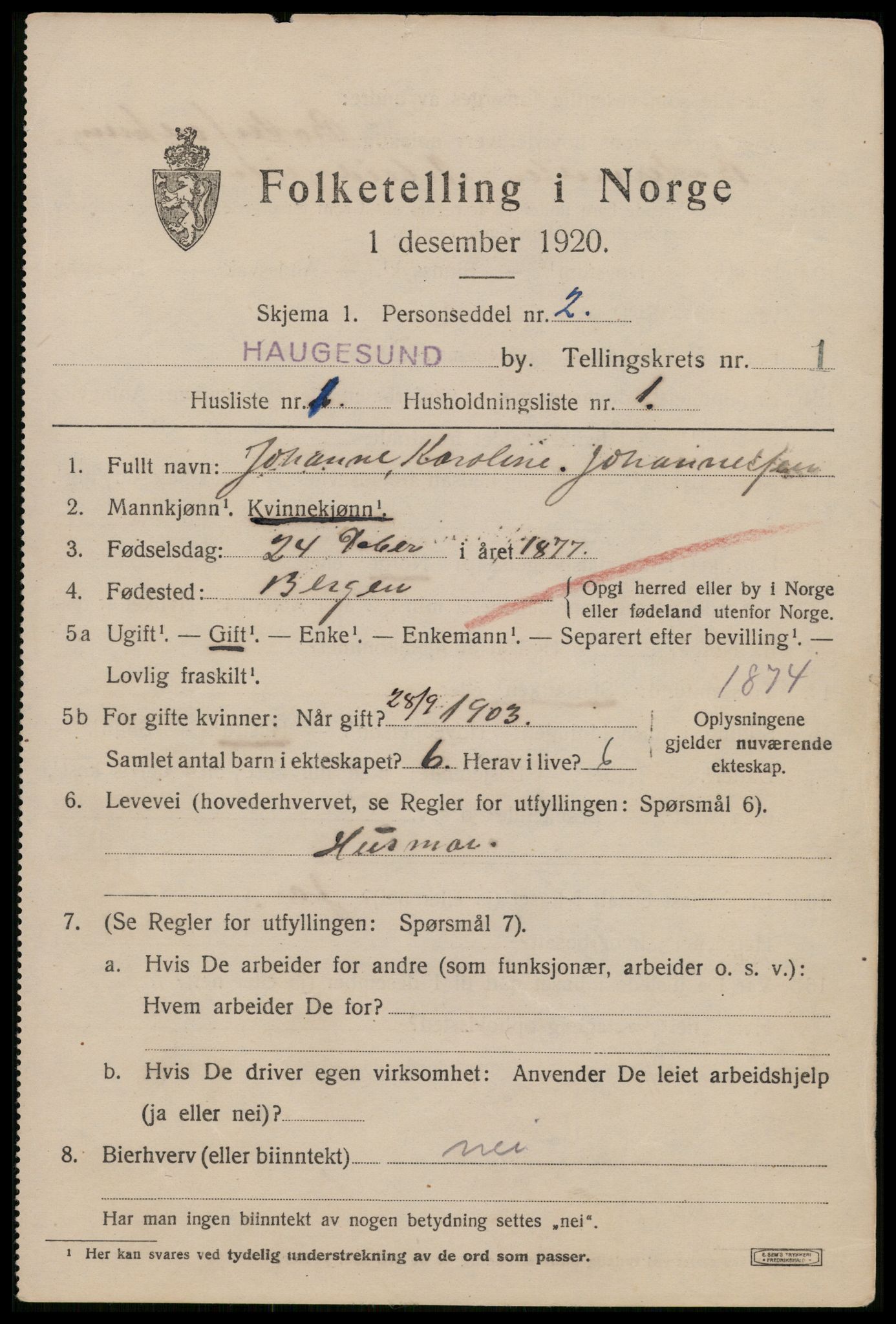 SAST, 1920 census for Haugesund, 1920, p. 11501