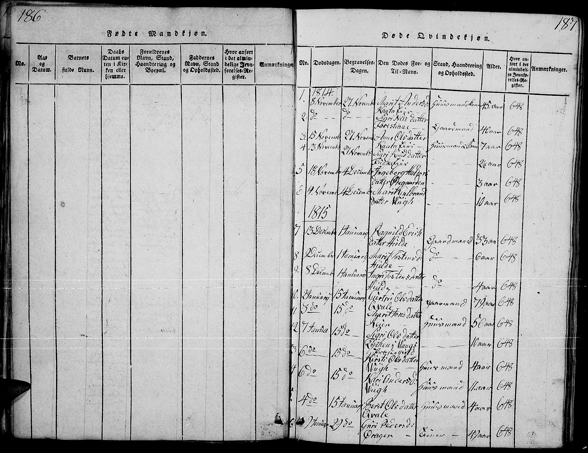 Slidre prestekontor, SAH/PREST-134/H/Ha/Hab/L0001: Parish register (copy) no. 1, 1814-1838, p. 186-187