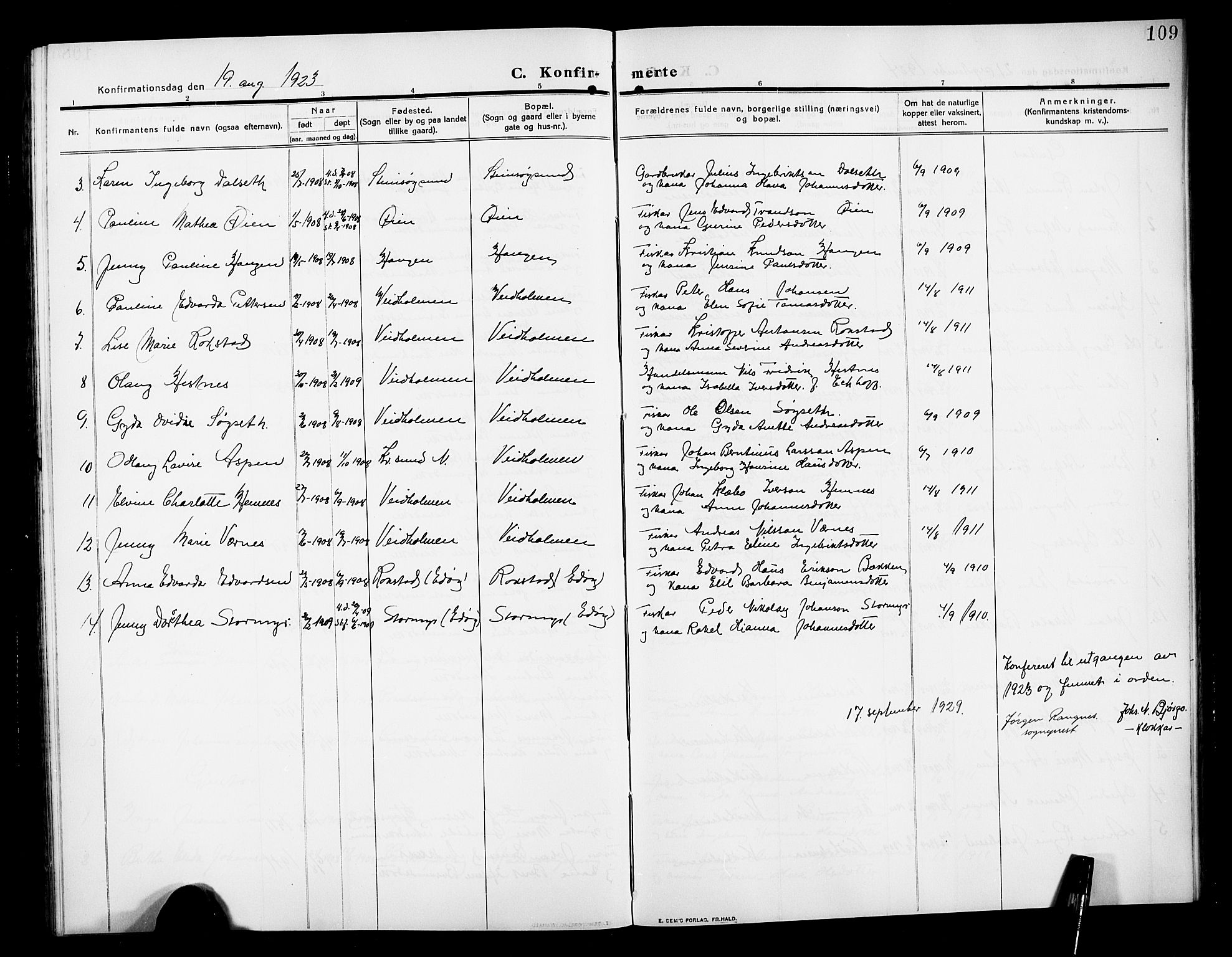 Ministerialprotokoller, klokkerbøker og fødselsregistre - Møre og Romsdal, AV/SAT-A-1454/583/L0956: Parish register (copy) no. 583C01, 1909-1925, p. 109