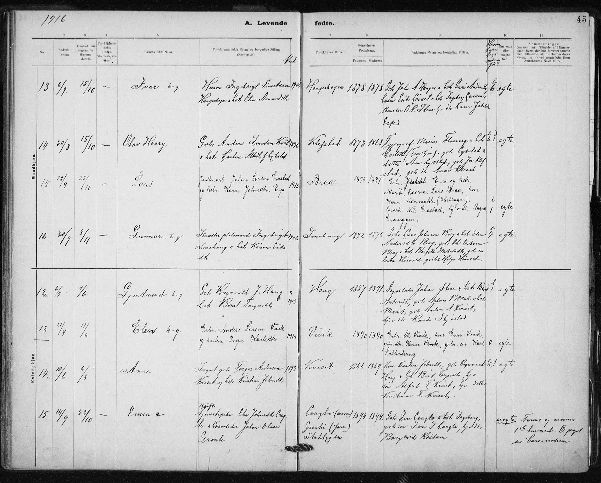 Ministerialprotokoller, klokkerbøker og fødselsregistre - Sør-Trøndelag, AV/SAT-A-1456/612/L0381: Parish register (official) no. 612A13, 1907-1923, p. 45