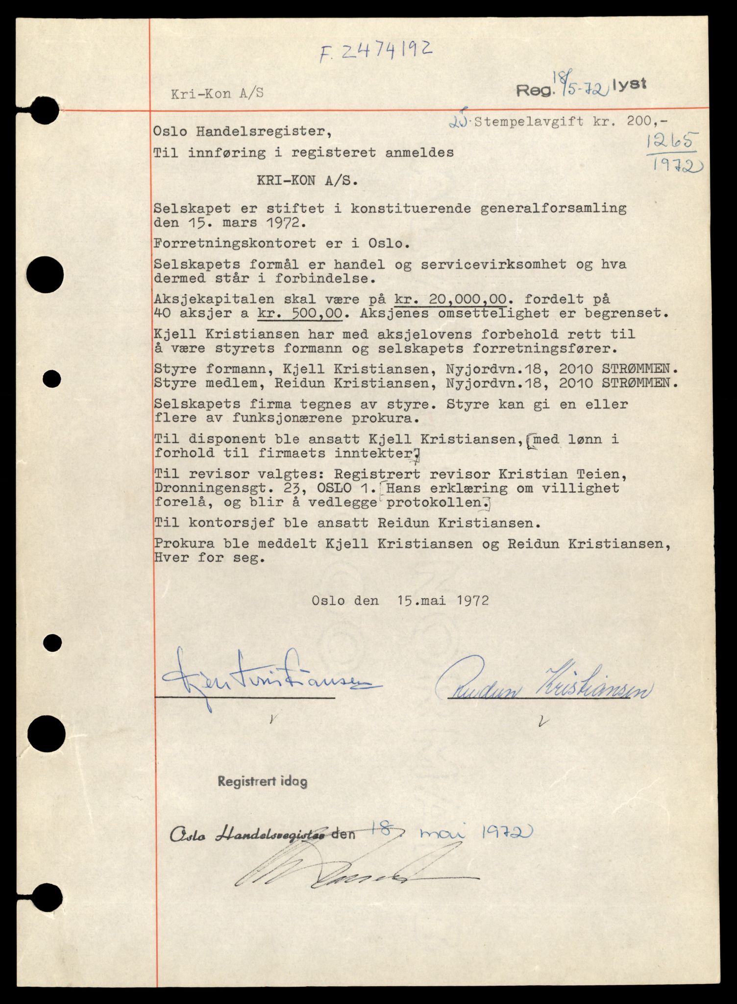 Oslo byfogd, Handelsregisteret, AV/SAT-A-10867/G/Gb/Gbb/L0052: Registreringsmeldinger, Kr-N, 1982, p. 1