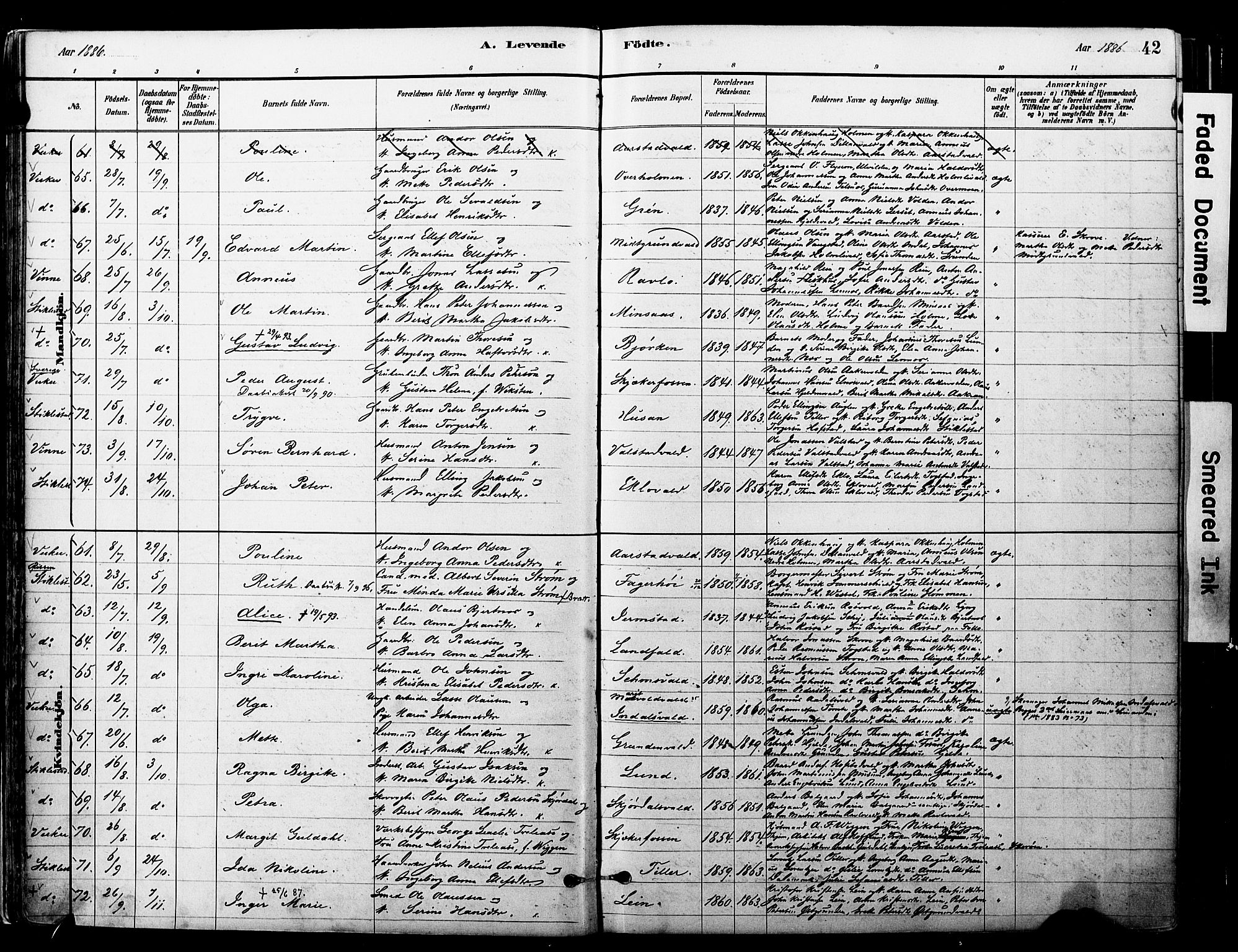 Ministerialprotokoller, klokkerbøker og fødselsregistre - Nord-Trøndelag, SAT/A-1458/723/L0244: Parish register (official) no. 723A13, 1881-1899, p. 42