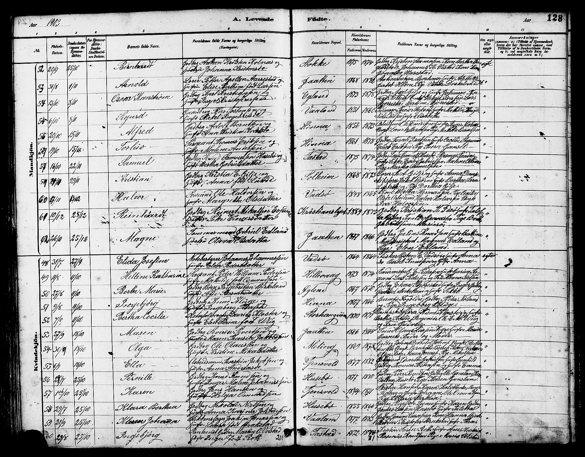 Hetland sokneprestkontor, SAST/A-101826/30/30BB/L0005: Parish register (copy) no. B 5, 1878-1910, p. 128