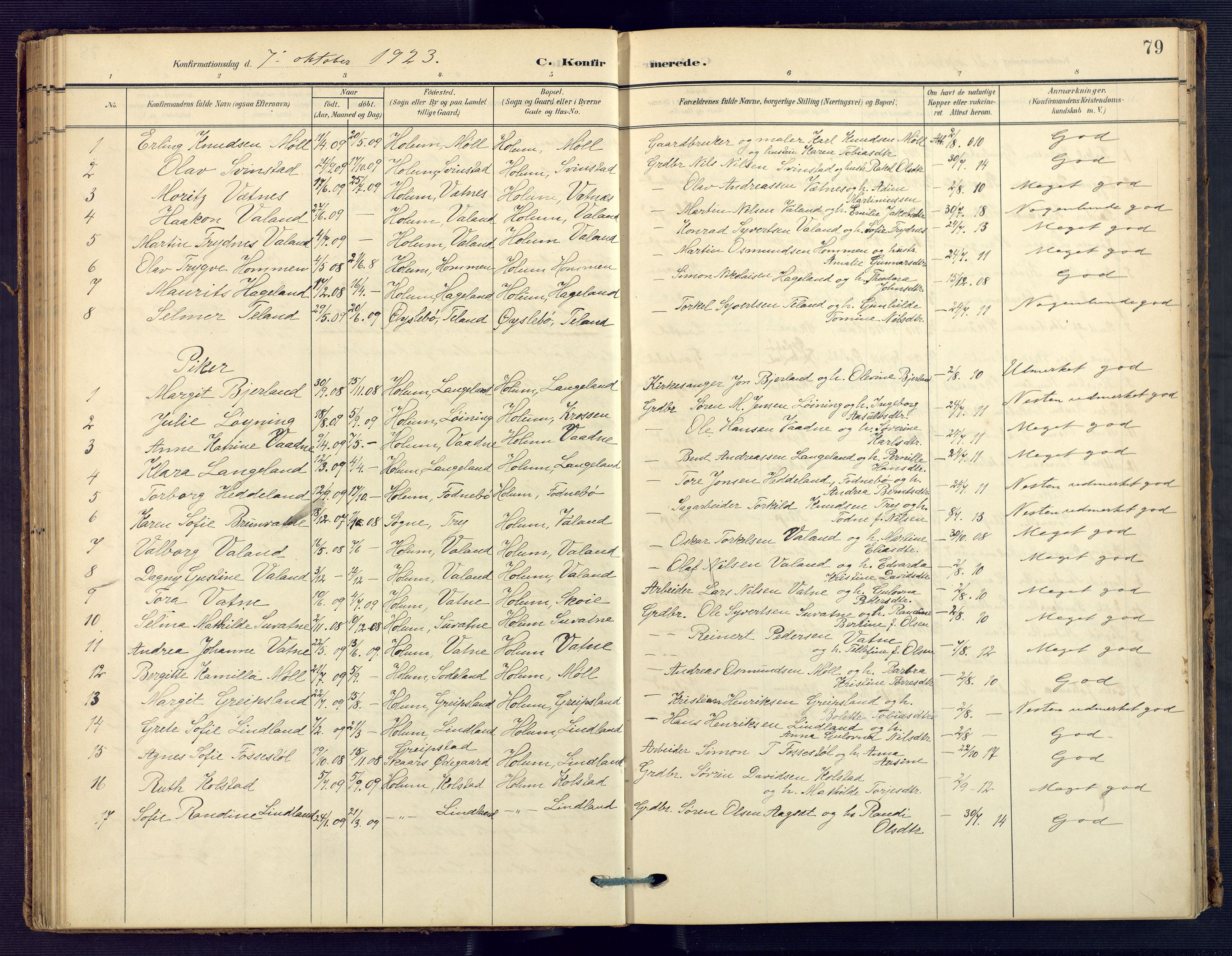 Holum sokneprestkontor, SAK/1111-0022/F/Fa/Faa/L0008: Parish register (official) no. A 8, 1908-1929, p. 79