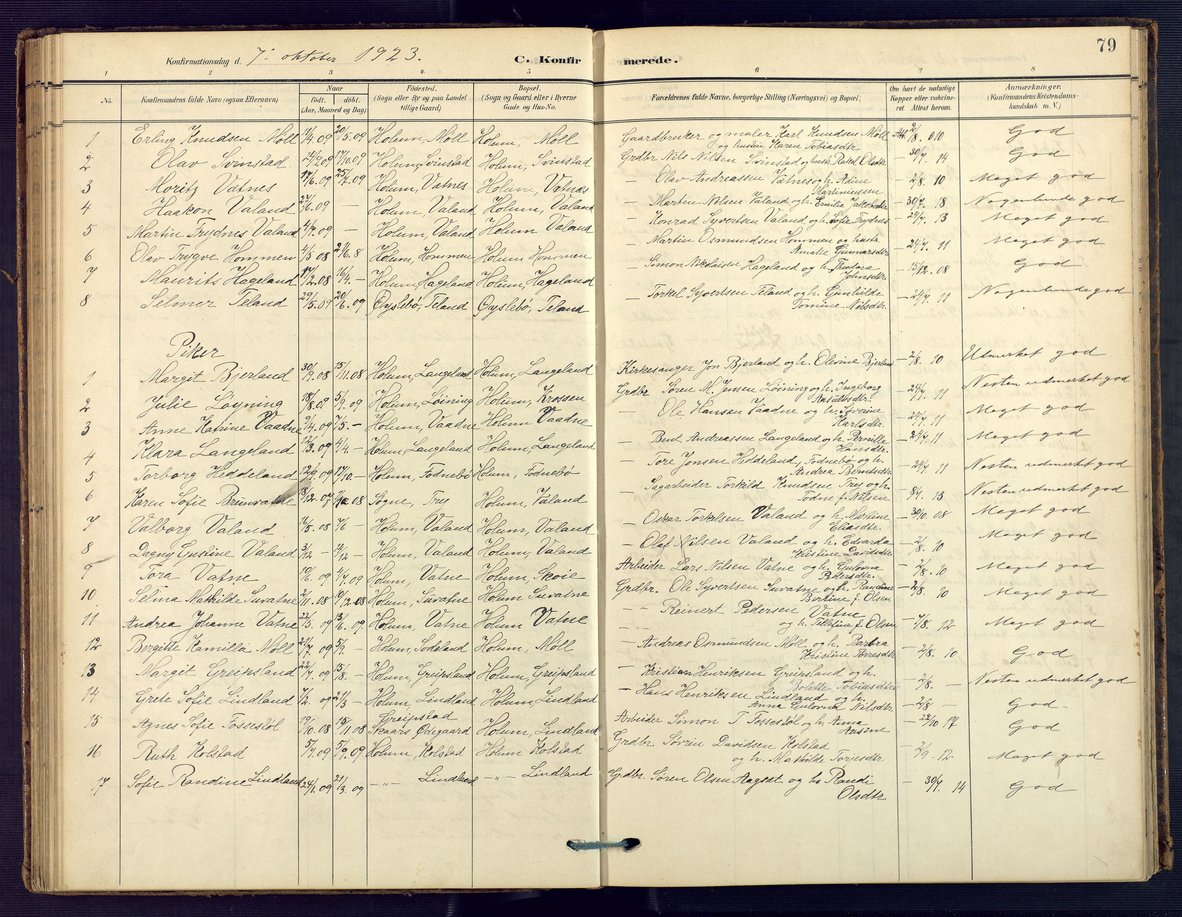 Holum sokneprestkontor, AV/SAK-1111-0022/F/Fa/Faa/L0008: Parish register (official) no. A 8, 1908-1929, p. 79