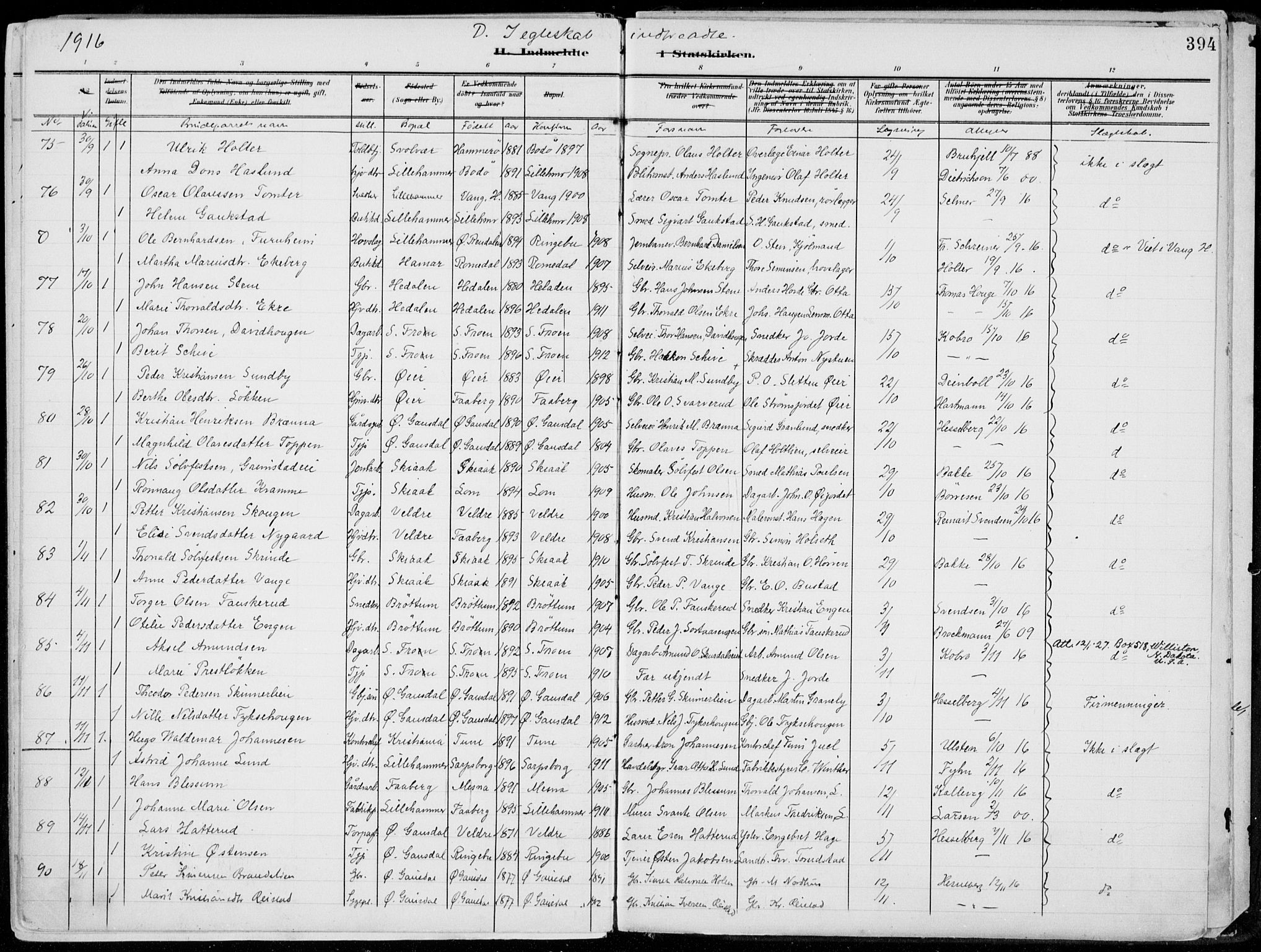 Lillehammer prestekontor, AV/SAH-PREST-088/H/Ha/Haa/L0001: Parish register (official) no. 1, 1901-1916, p. 394