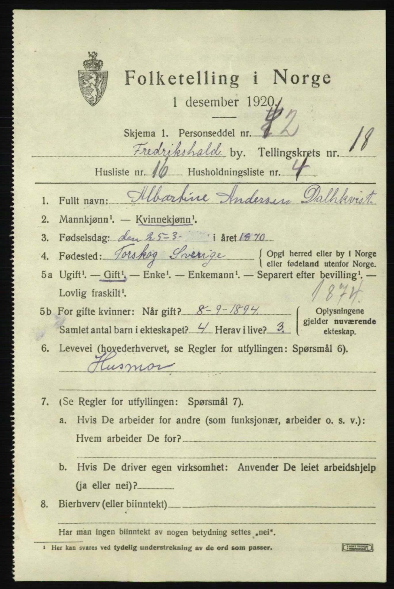 SAO, 1920 census for Fredrikshald, 1920, p. 27467