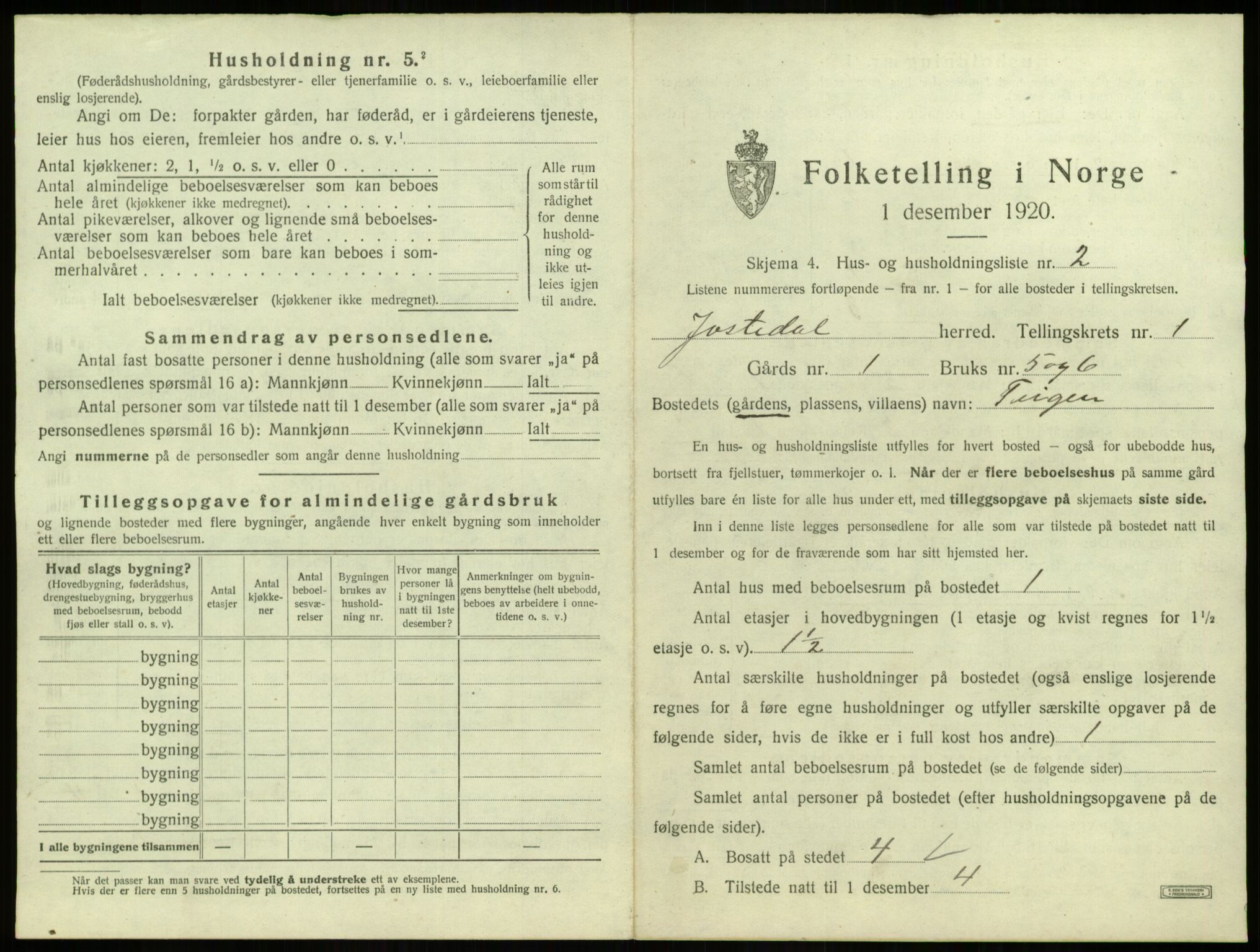 SAB, 1920 census for Jostedal, 1920, p. 22