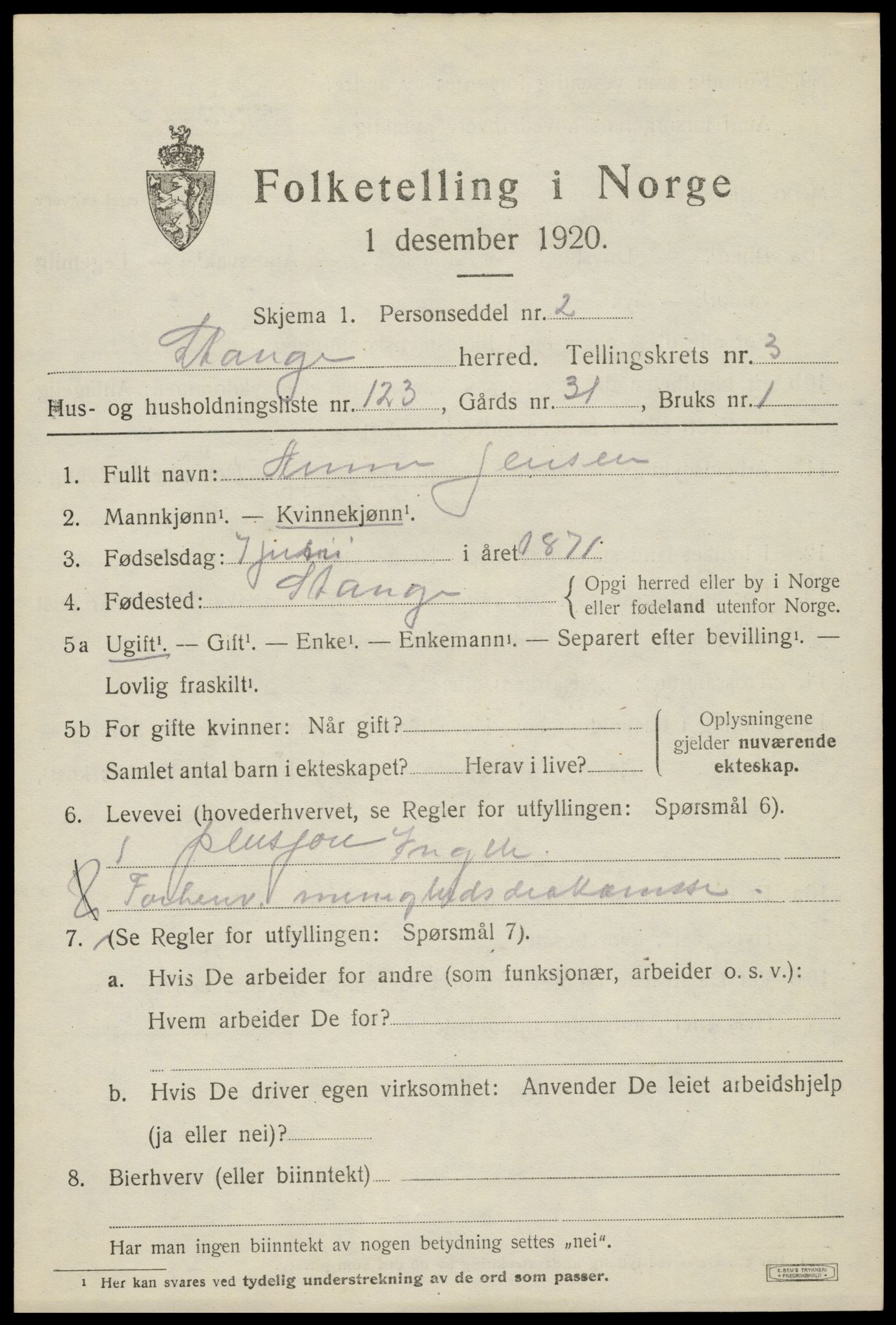 SAH, 1920 census for Stange, 1920, p. 6589