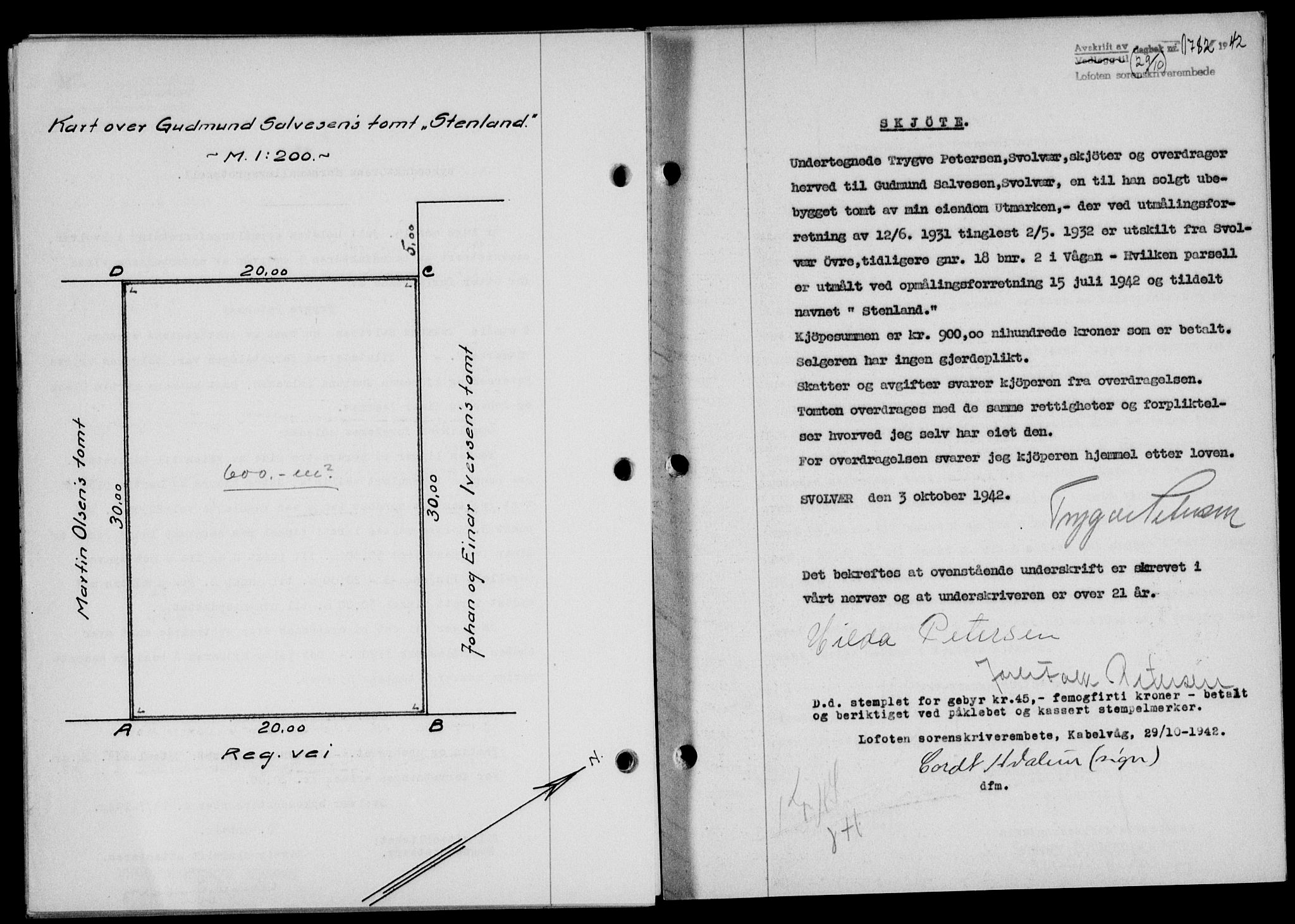 Lofoten sorenskriveri, SAT/A-0017/1/2/2C/L0010a: Mortgage book no. 10a, 1942-1943, Diary no: : 1782/1942