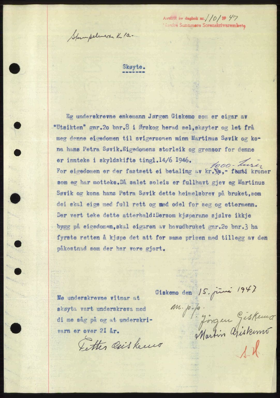 Nordre Sunnmøre sorenskriveri, AV/SAT-A-0006/1/2/2C/2Ca: Mortgage book no. A24, 1947-1947, Diary no: : 1101/1947