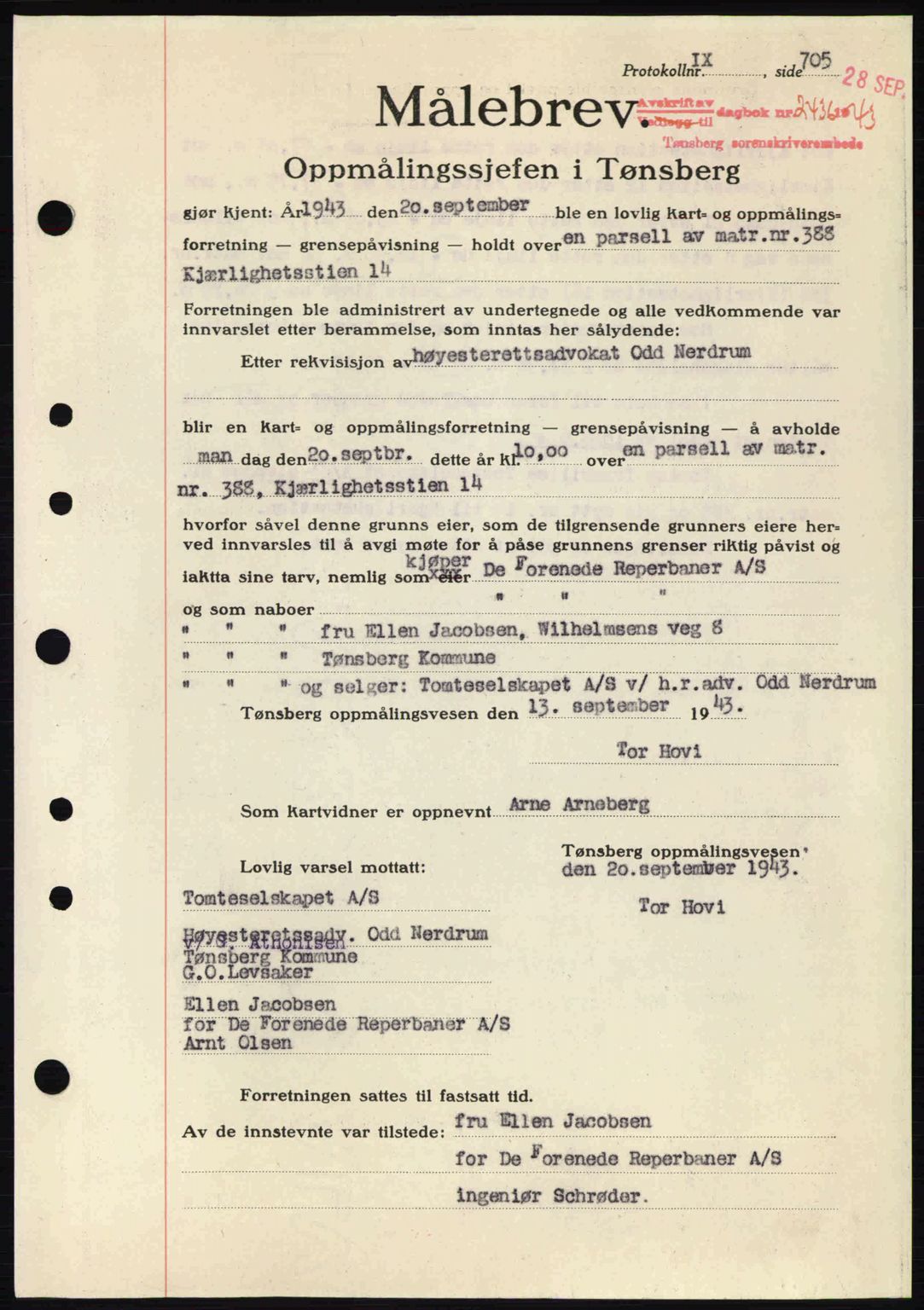 Tønsberg sorenskriveri, AV/SAKO-A-130/G/Ga/Gaa/L0014: Mortgage book no. A14, 1943-1944, Diary no: : 2436/1943