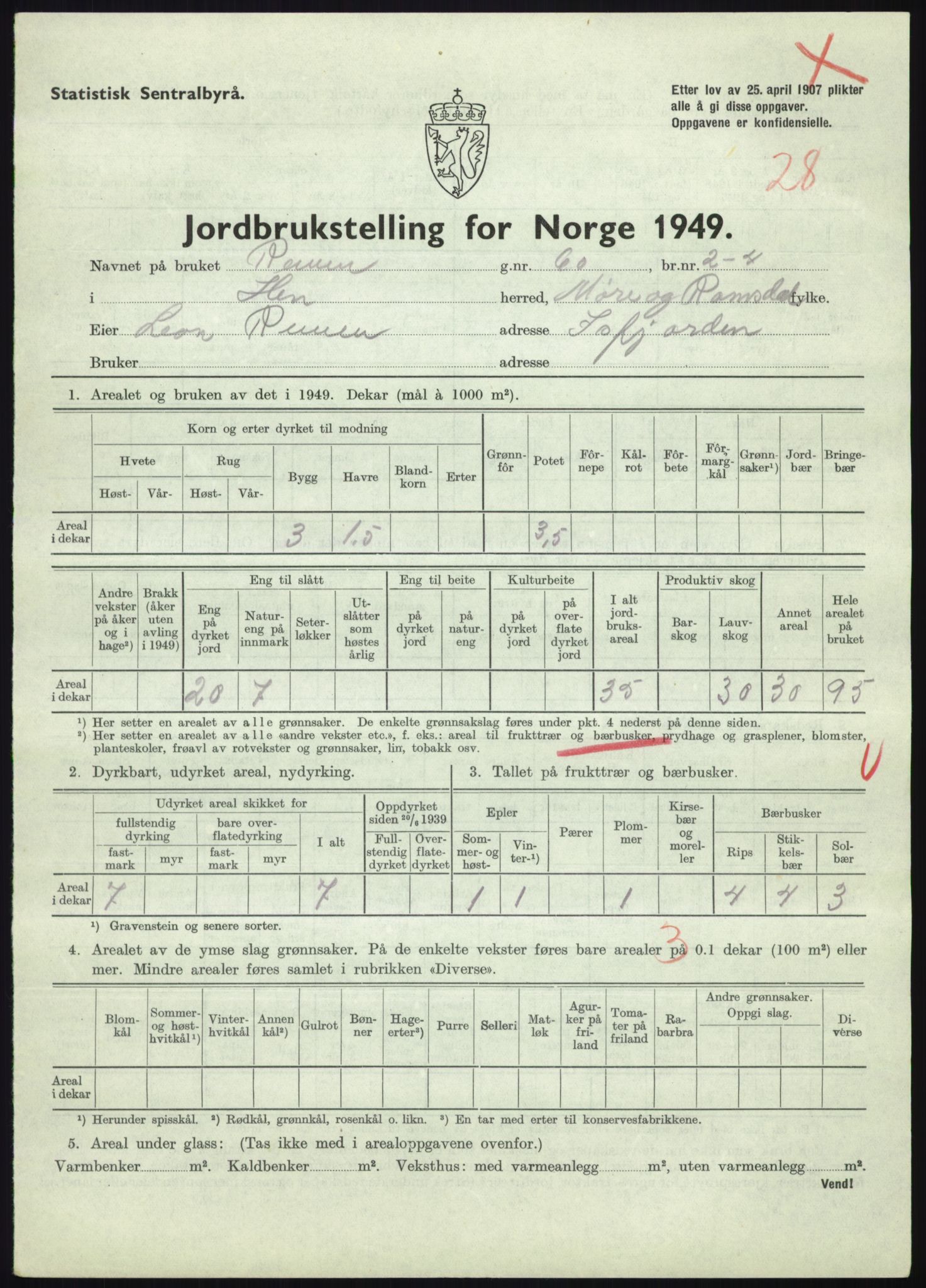 Statistisk sentralbyrå, Næringsøkonomiske emner, Jordbruk, skogbruk, jakt, fiske og fangst, AV/RA-S-2234/G/Gc/L0323: Møre og Romsdal: Grytten og Hen, 1949, p. 625