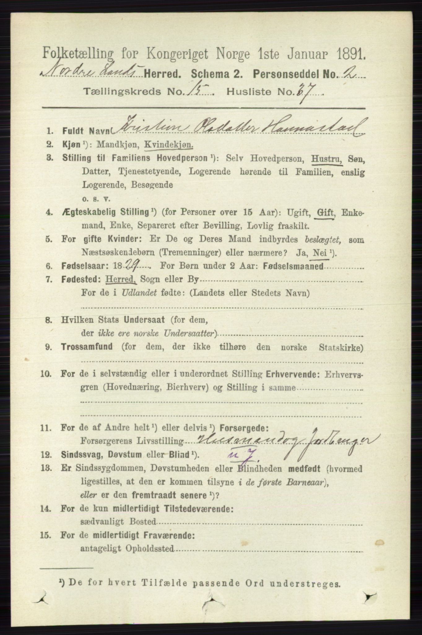 RA, 1891 census for 0538 Nordre Land, 1891, p. 3990