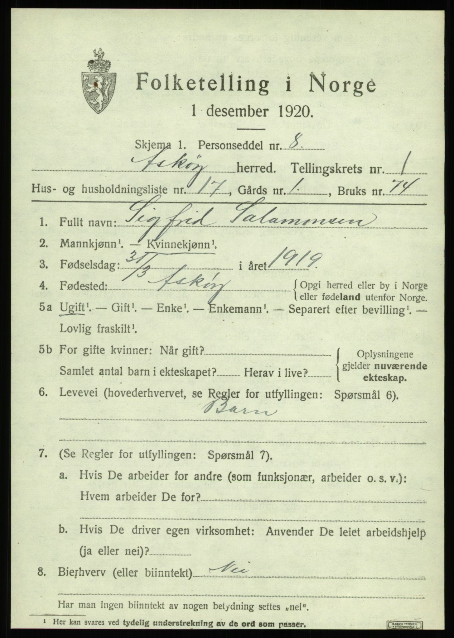 SAB, 1920 census for Askøy, 1920, p. 3698