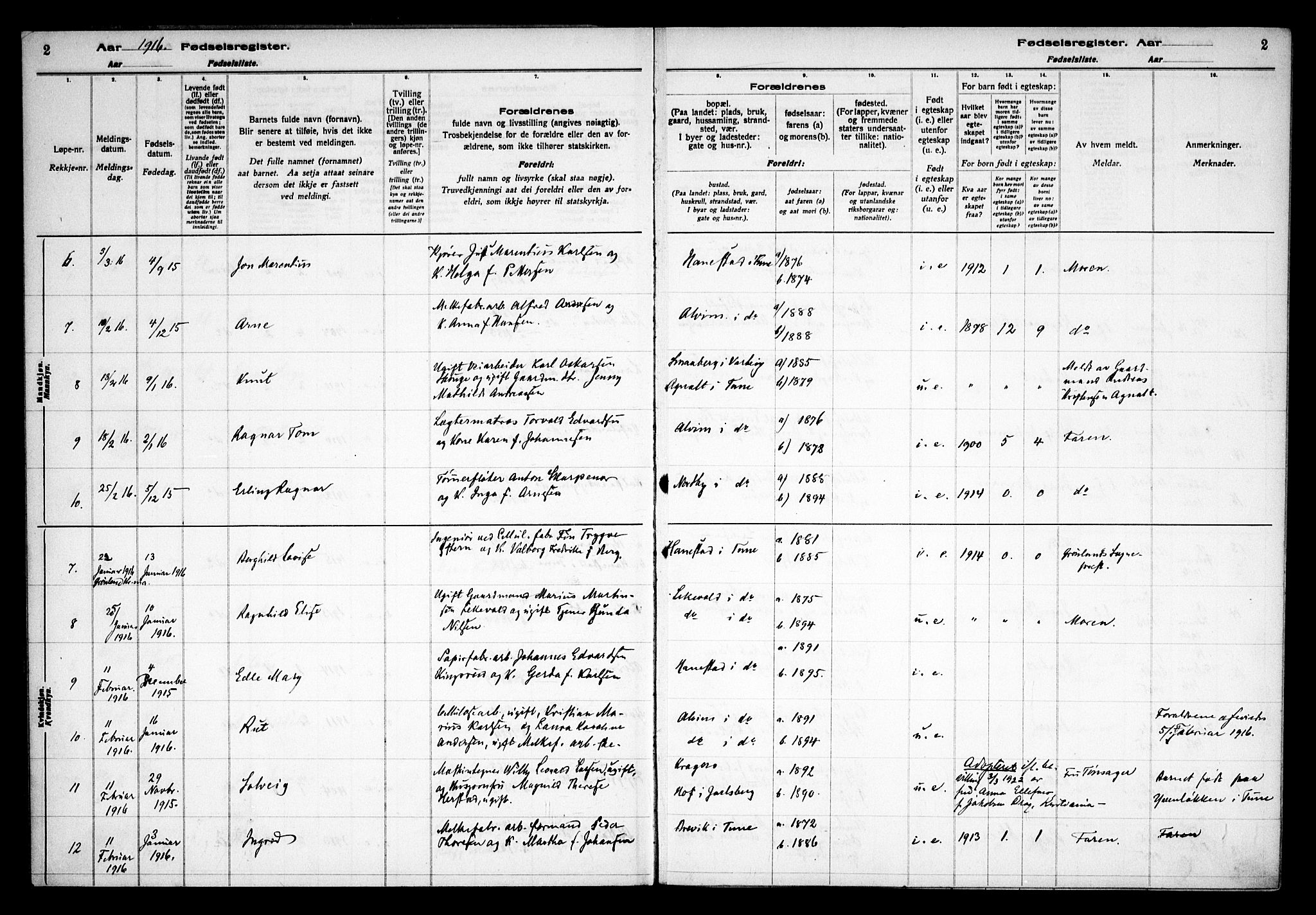 Tune prestekontor Kirkebøker, AV/SAO-A-2007/J/Ja/L0001: Birth register no. I 1, 1916-1928, p. 2