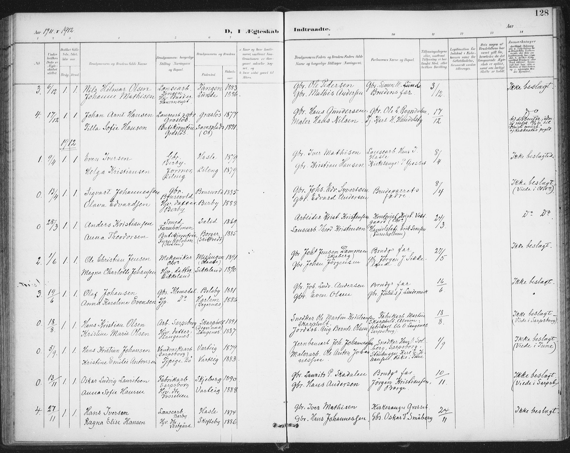 Varteig prestekontor Kirkebøker, AV/SAO-A-10447a/F/Fa/L0003: Parish register (official) no. 3, 1899-1919, p. 128